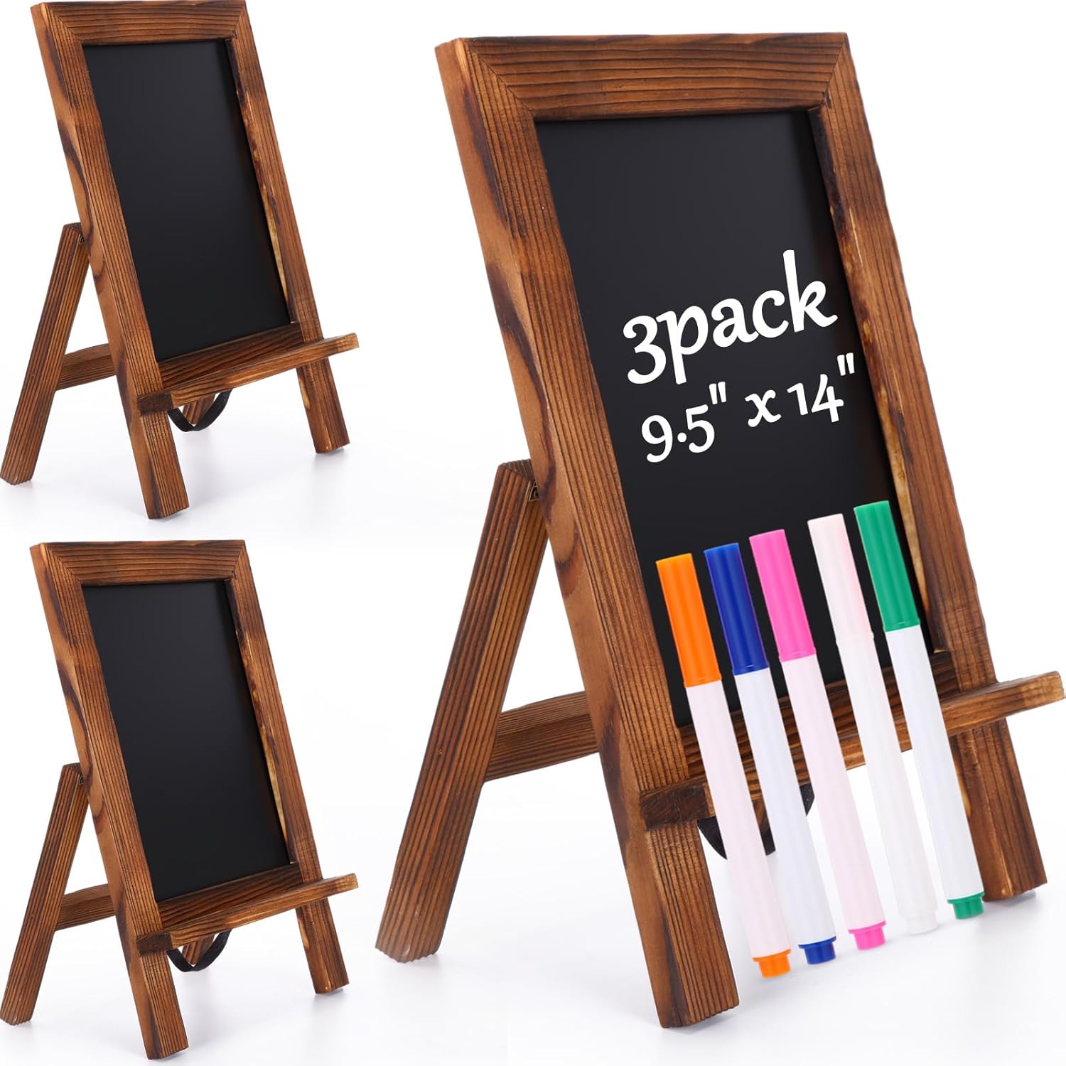 Harloon 3 Pack Christmas Office Products Framed Tabletop Chalkboard Sign 9.5" x 14" with Built-in Ledge and Folding Stand with 5 Chalk Marker for Wedding Kitchen School Birthday(Rustic Brown)
