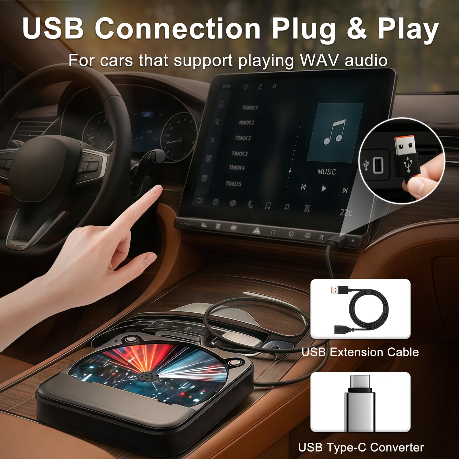 Tragbarer externer CD-Player für Auto: Plug-and-Play, mit USB & AUX, universell für Fahrzeuge, Laptop, TV, PC sowie Android 4.4+ Navigation (Schwarz-CD, 1)