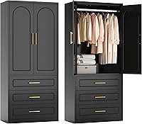 Vista 1 de Armario de metal de 71 pulgadas de alto con tres cajones, armario grande con barra para colgar, armario de almacenamiento de ropa con puertas y Negro