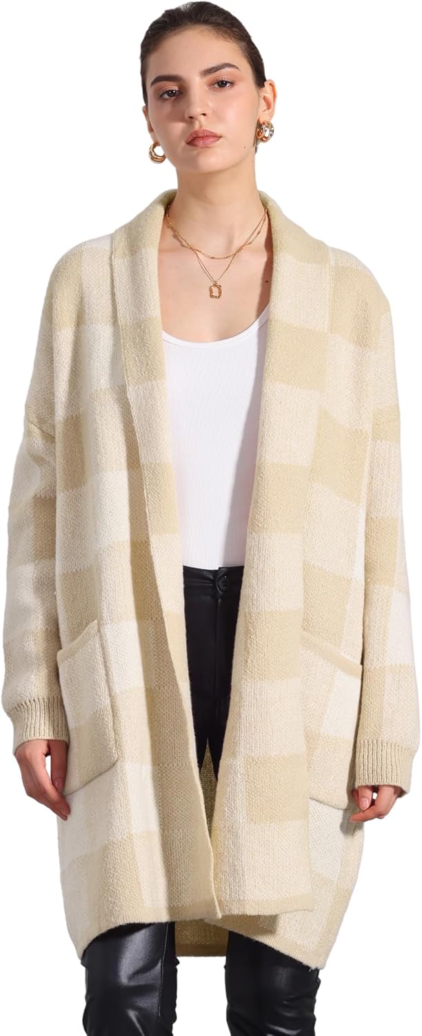 Allegra K Women's Winter Plaid Cardigan Long Sleeve Open Front Outwear Casual Sweater Cardigan