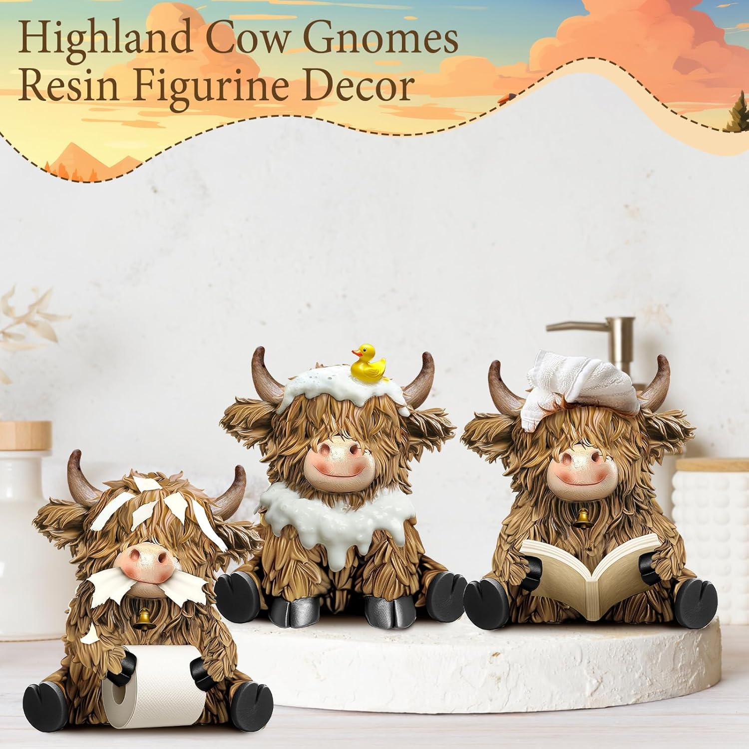 3 Pcs Highland Cow Bathroom Figurines Bathroom Theme Highland Cow Gnomes Bath Decor Resin Statue Calf Lovers Gifts for Farmhouse Home Garden Kitchen Office Tiered Tray Table Decor - Image 2