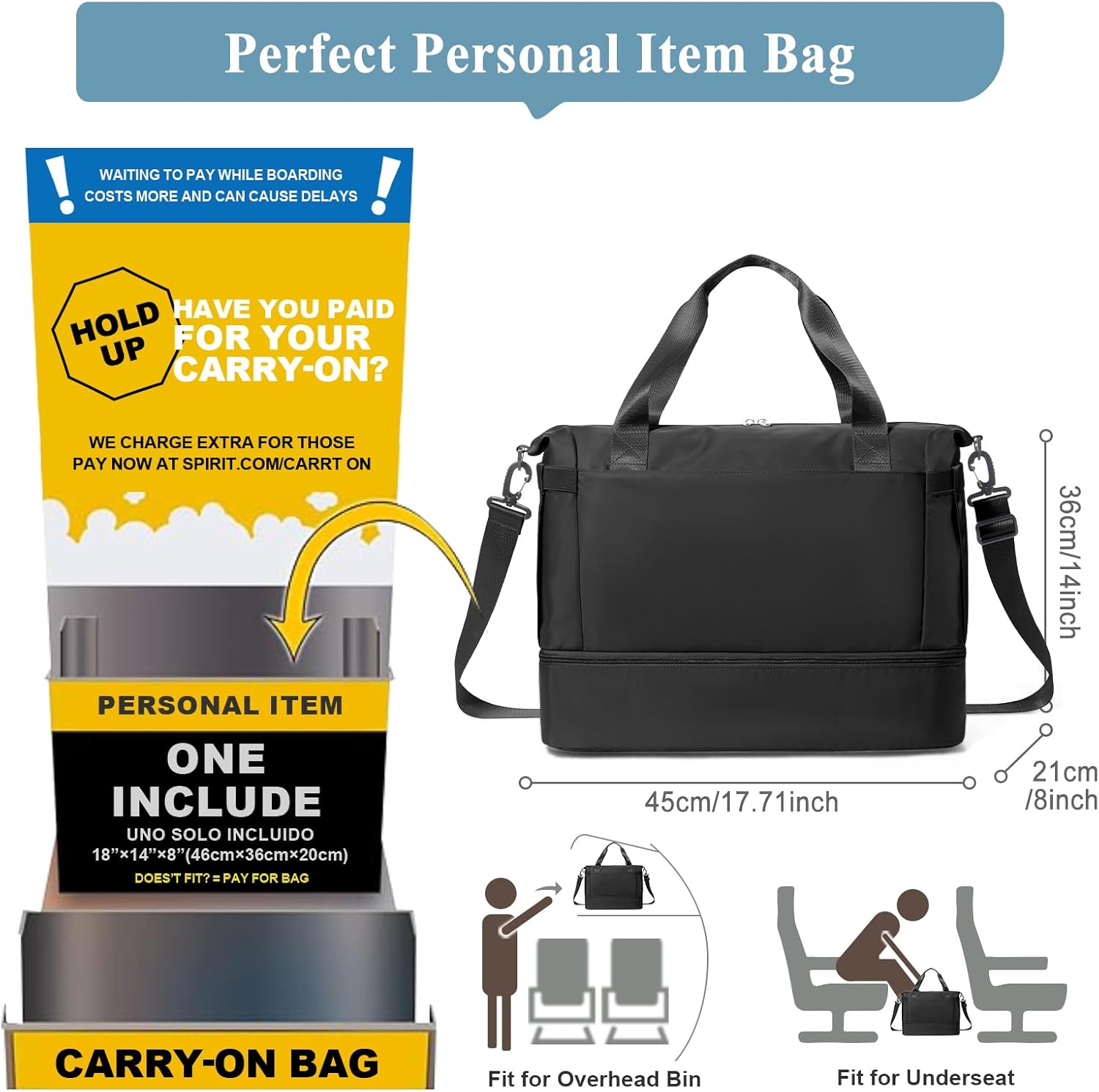 Travel Duffel Bag with Shoes Compartment, Overnight Weekender Bags for Women, Carry on Personal Item Bag with Wet Pocket for Travel, Gym, Weekend,Black - Image 2