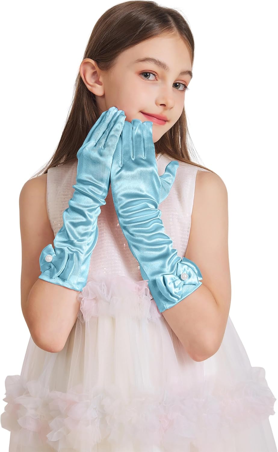 Light Blue Princess Gloves for Girls, Kids Long Puerto Rico