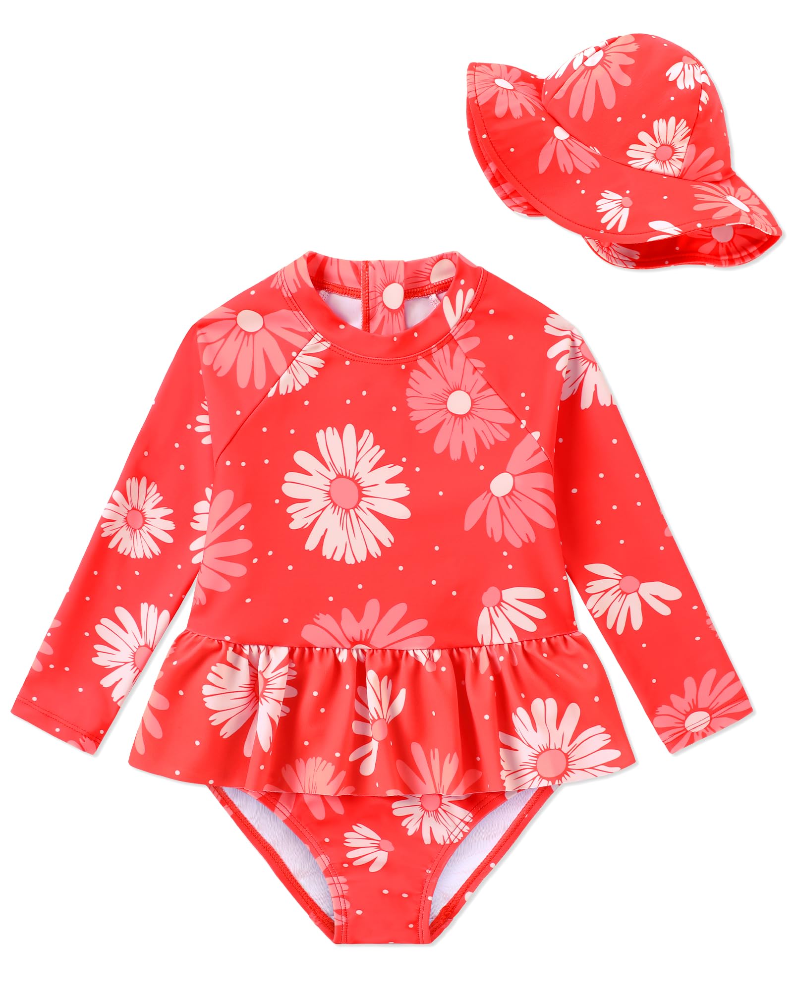 Redair Toddler Girls One Piece Swimsuit Long Sleeve Bathing Suit with Hat UPF 50+ Sun Protection 1-5T