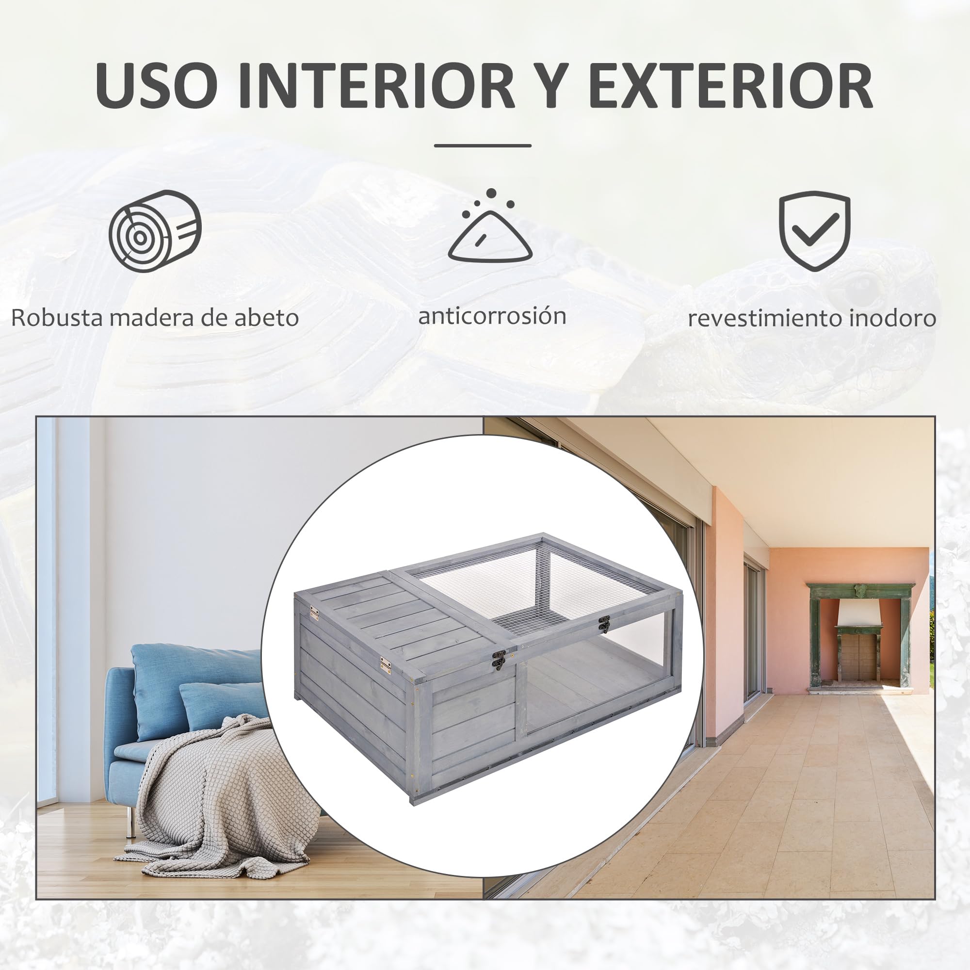 PawHut Casa para Tortugas de Madera, Terrario para Reptiles con Techo de Malla, Paneles Laterales Transparentes Extraíbles y Pestillo de Seguridad, Caseta para Tortugas, 91x60,5x32 cm, Gris