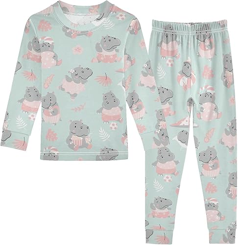 SLHKPNS Pajamas Set Top and Pants Long Sleeve Lounge Set Cute Hippo Seamless Pat