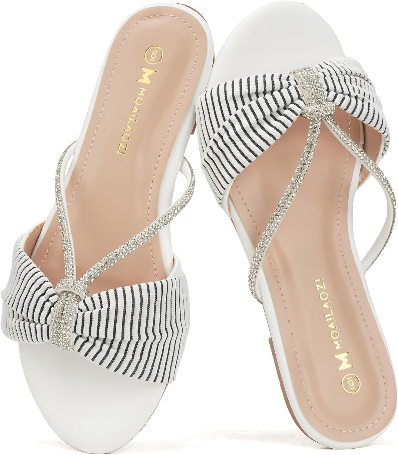 Women's Sandals Rhinestone Strappy Slides With Soft Memory Foam Insole, Dressy Open Toe Beach Slippers Flats for Summer