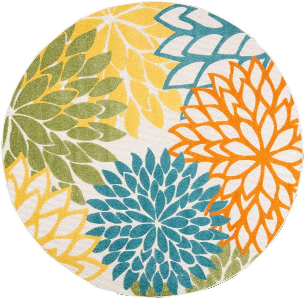 HomeRoots 479294 8 x 8 ft. Turquoise Floral Non Skid Indoor & Outdoor Round Area Rug