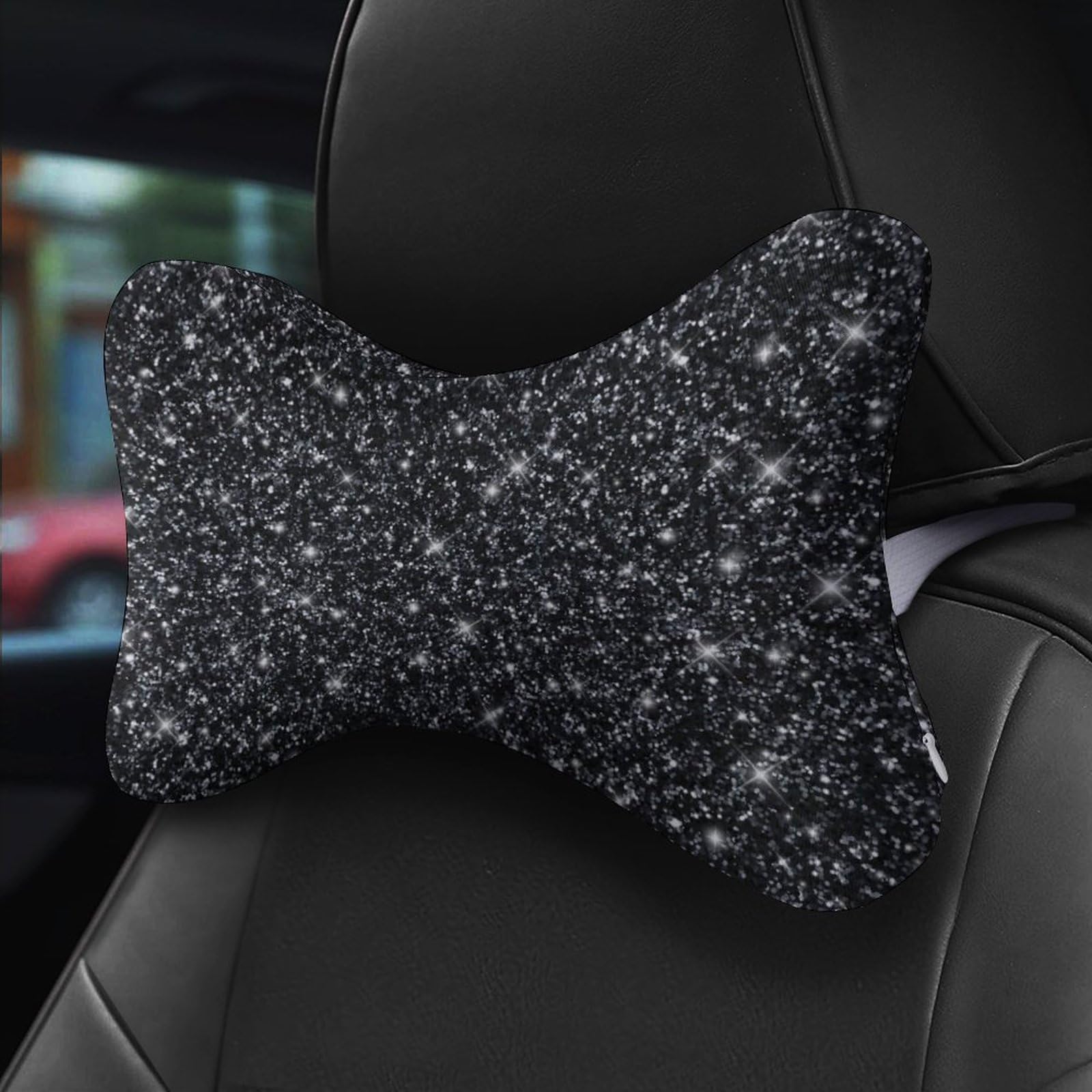 SMAZDFXX Black Ombre Glitters Car Neck Pillow Set of 2 Car Seat Head Support Cushion Bone Pillows with Elastic Strap