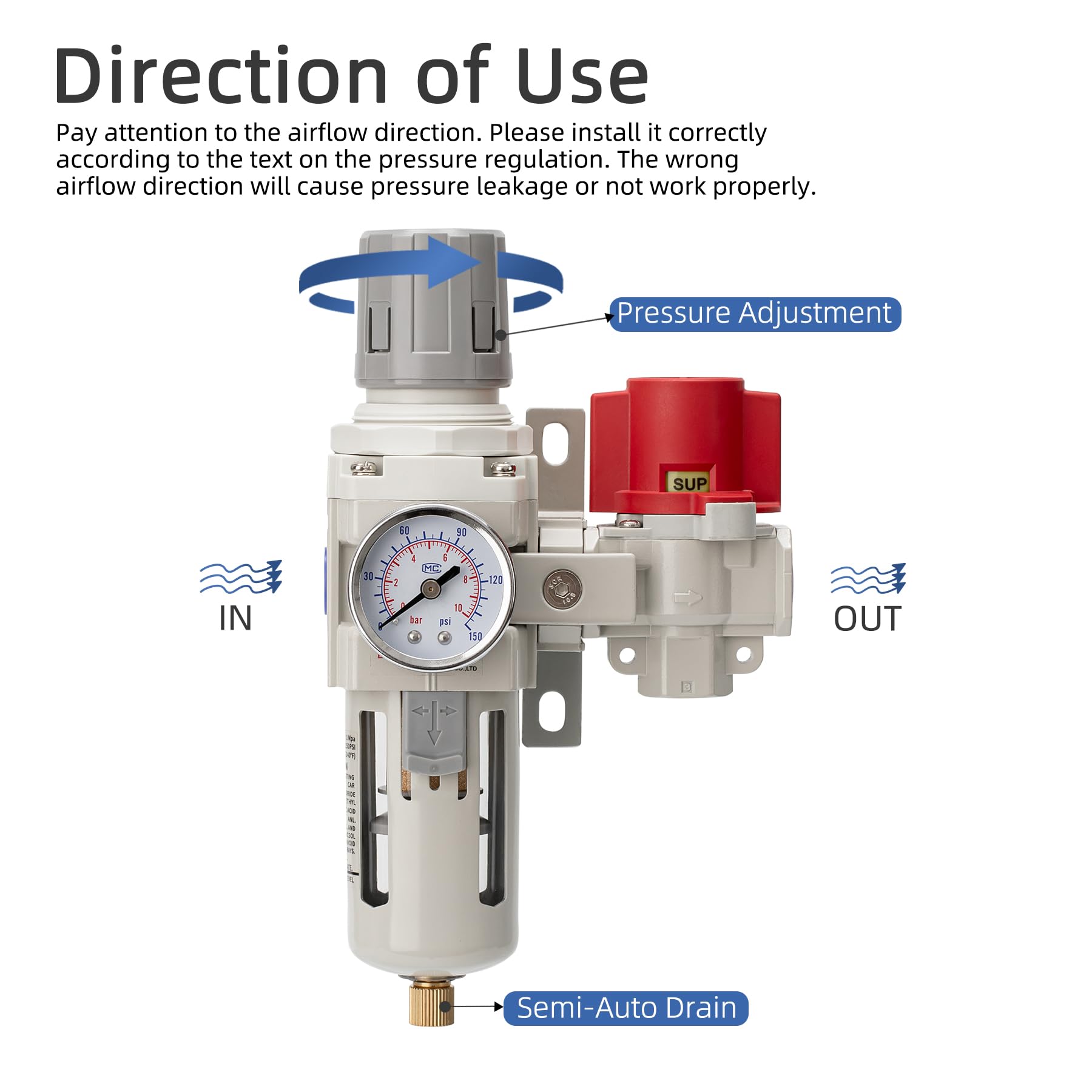Industrial Air Compressor Filter Regulator Combo 3/8" NPT 0-150 PSI Gauge,Semi-Auto Drain,Pressure relief 3 port valve,5 Micron Water Separator for Pneumatic Tools — Amazon image 5
