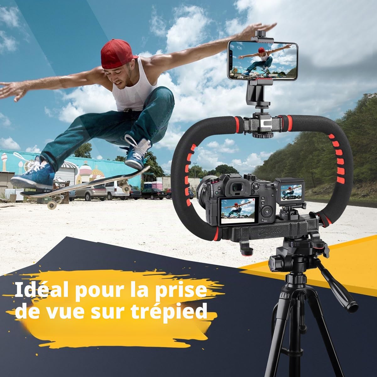 Zeadio Stabilisateur de caméra pour Smartphone, poignée Pliable à poignée avec rig vidéo portatif et étui de Transport, Convient à Toutes Les caméras, caméscopes, Les Smartphones iPhone et Android