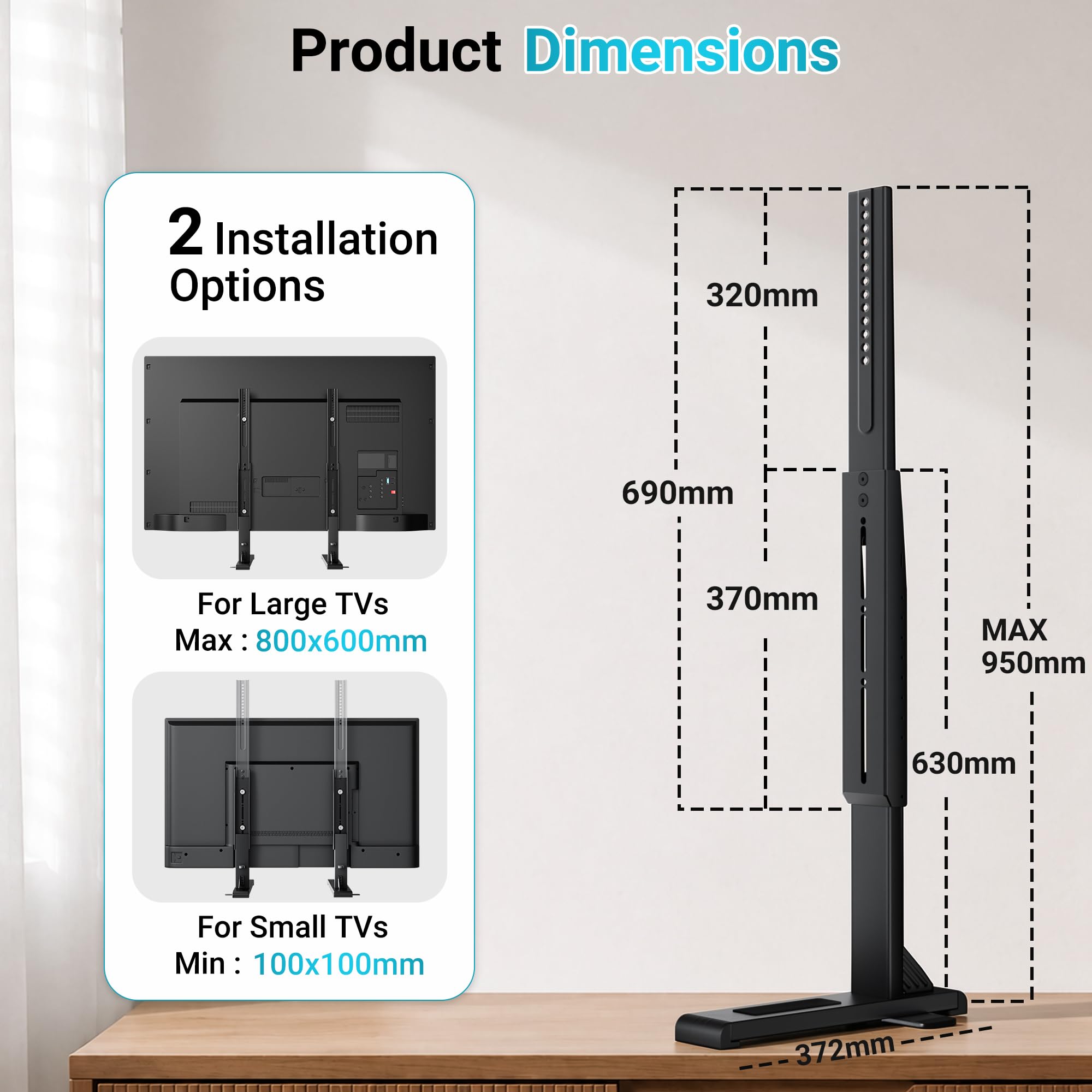 BONTEC Supporto TV Universale da Tavolo e Pavimento 24-86 Pollici | 70 kg, VESA 100x100-800x600 mm, 7 Altezze, Cinghia Antiribaltamento, Piedi Nascosti