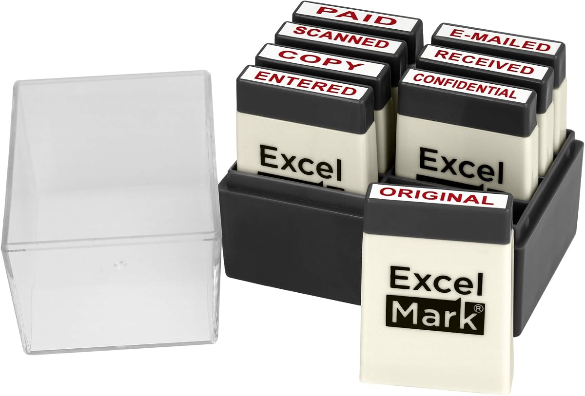 Mini Office Message Rubber Stamp Set - Red Ink - Storage Tray Included