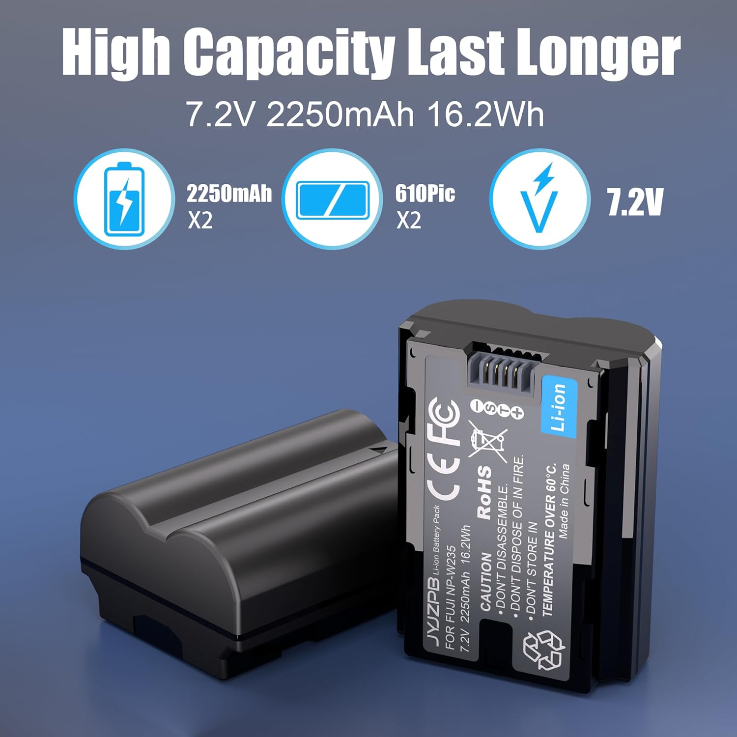 JYJZPB NP-W235 Battery Fit for Fujifilm XT4, X-T5, NP-W235 Dual Battery Charger for Fujifilm X-T4, VG-XT4, XT5, X-S20, GFX50S II, GFX100S, X-H2, X-H2S Battery 2250mAh - Image 5