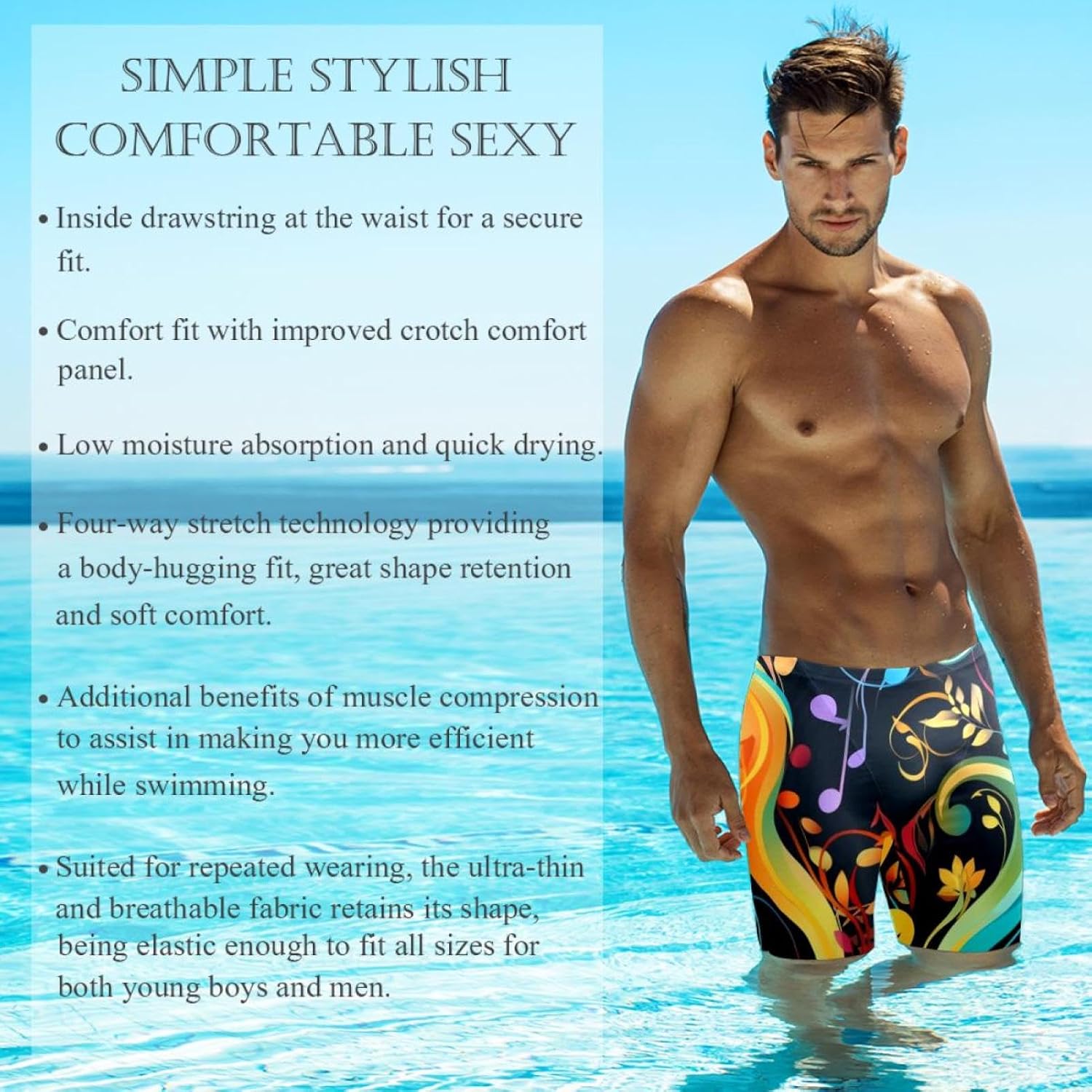 Colorful Music Notes Men's Swimsuit Jammer Quick Dry Swim Jammer Racing & Training Swimsuit