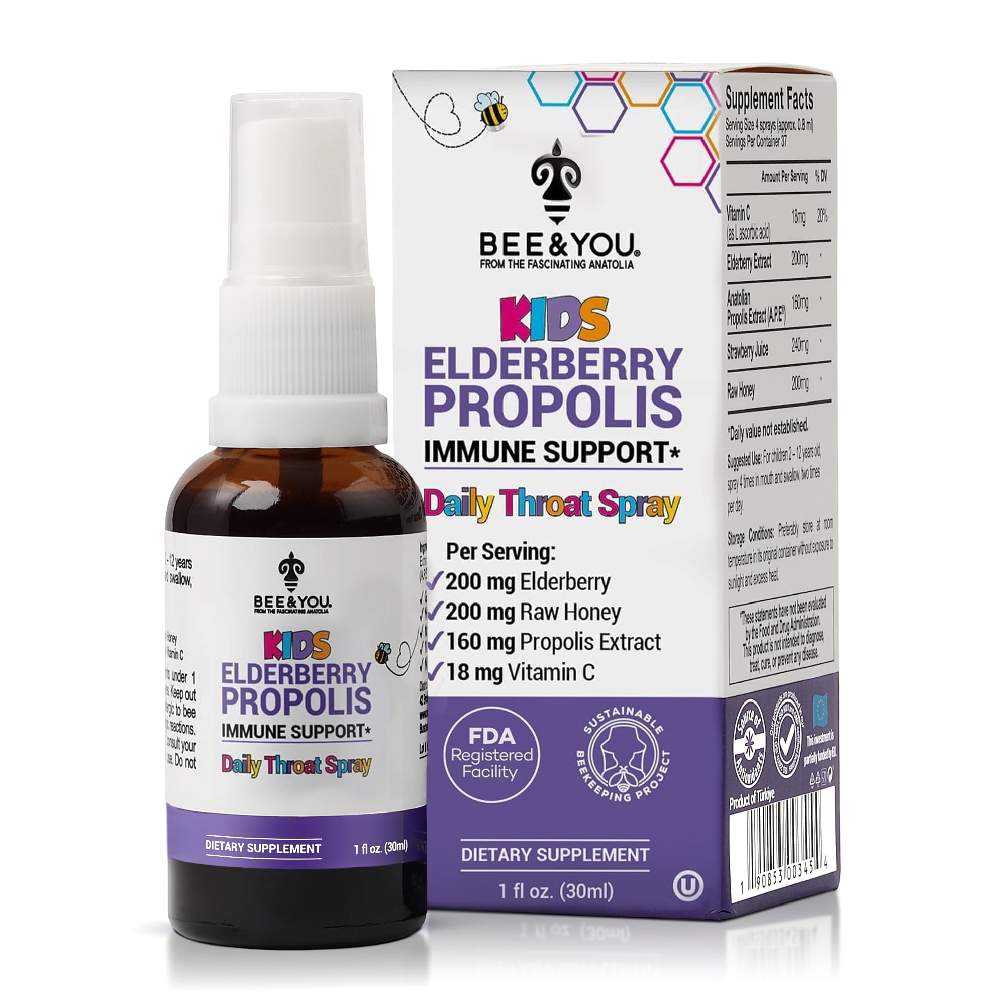Bee and You Kids Throat Spray with Propolis and Elderberry, Immune Support Supplement, Kids Vitamins, Immune Defense Spray, 1 fl oz.