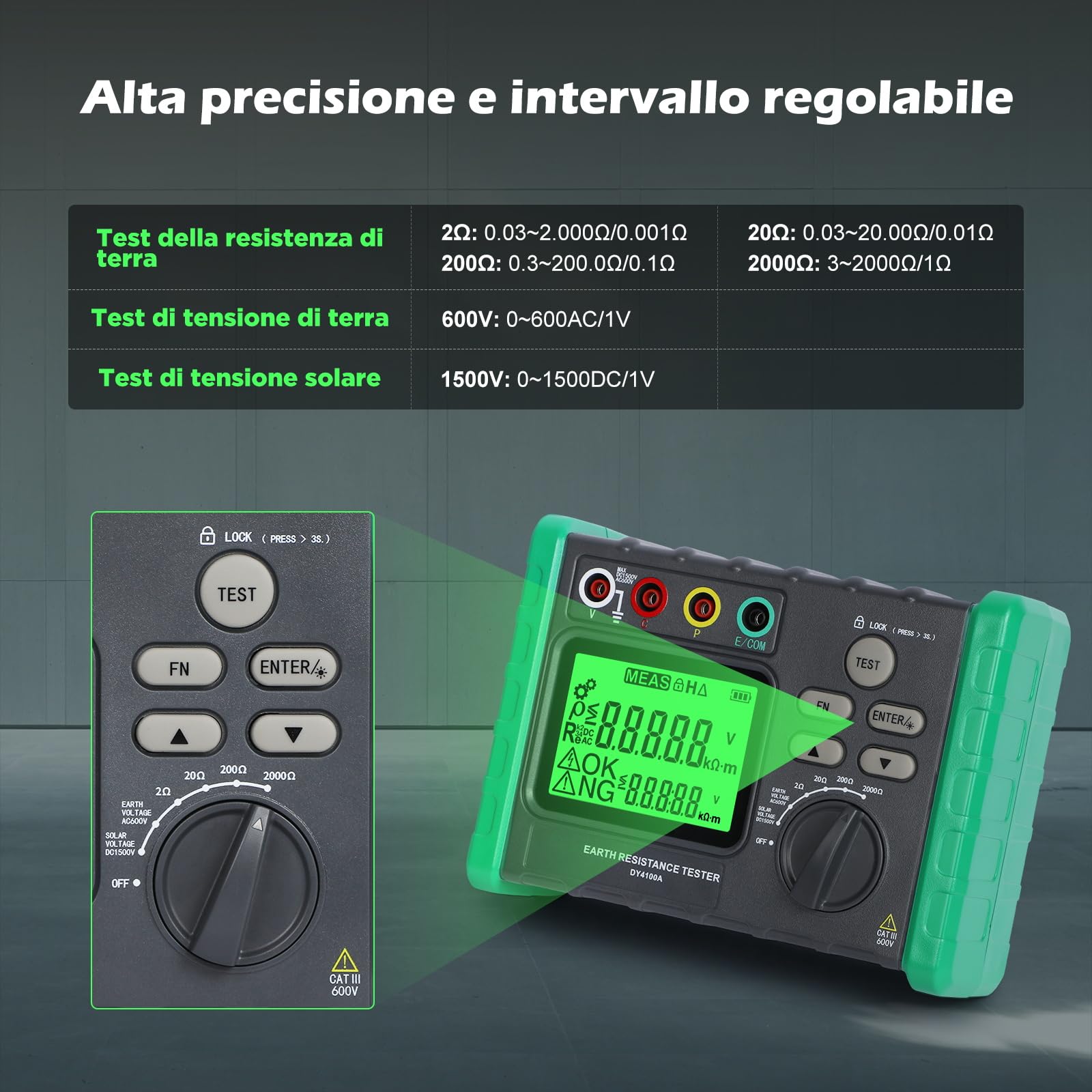 KAISAL Tester di Resistenza di Terra DY4100A 2/20/200/2000Ω AC 0~600 V DC 1500V Misura di Tensione di Terra