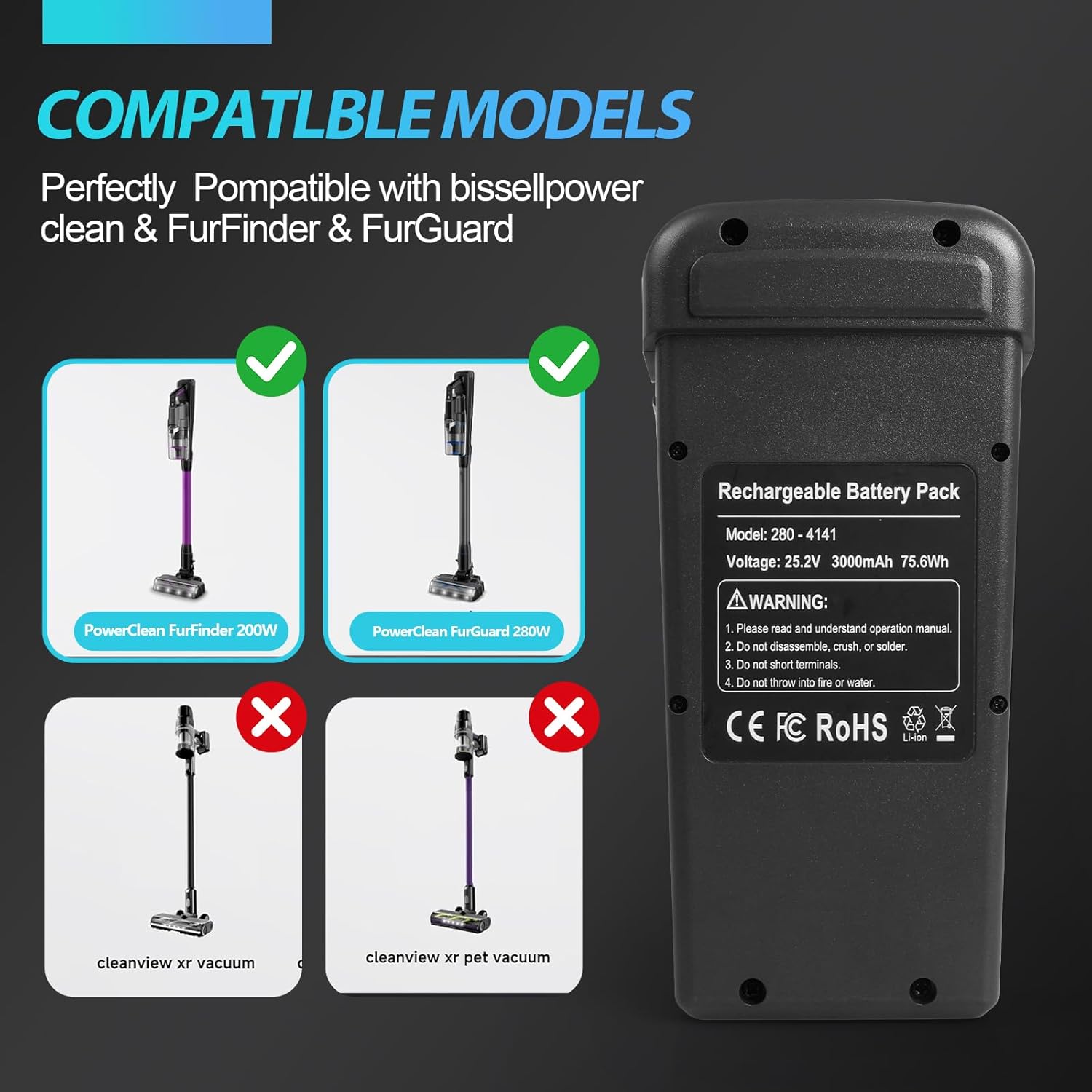 3000mAh Battery for Bissell PowerClean FurGuard &Power Clean FurFinder Cordless Vacuum Replacement 4141 4143 Battery
