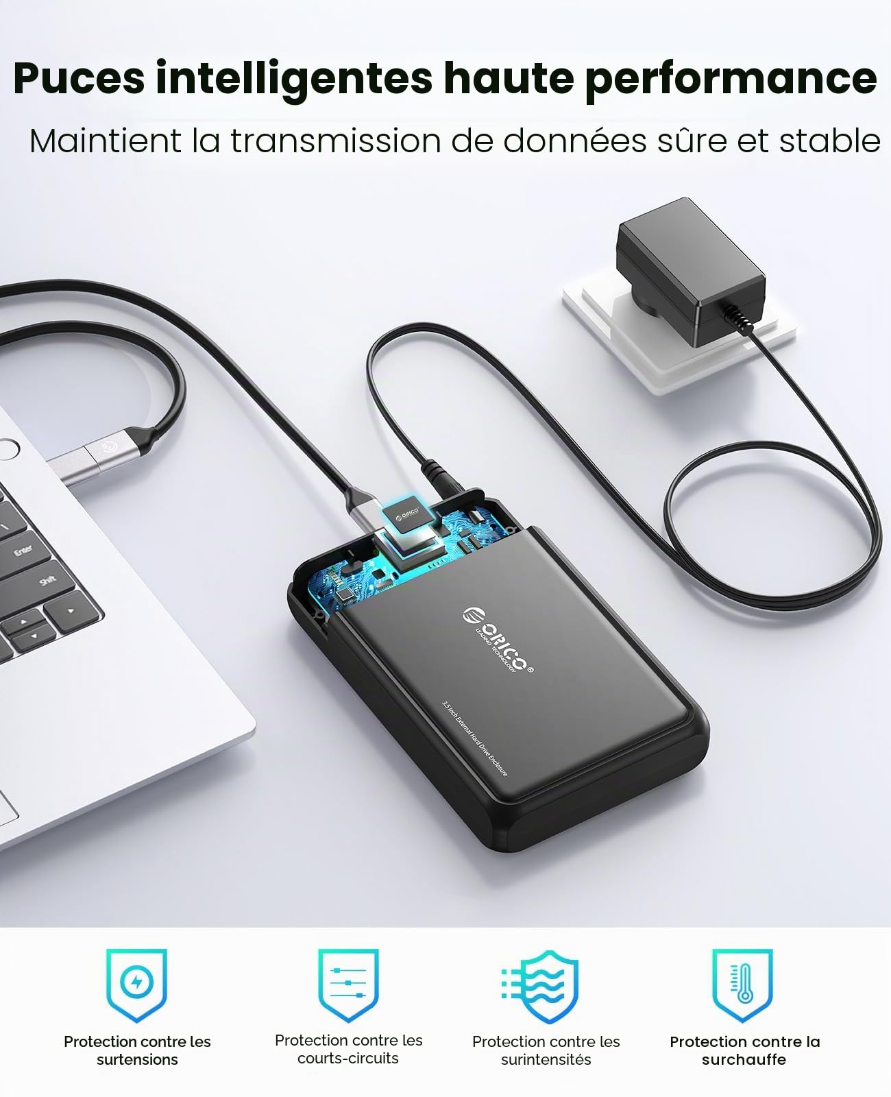ORICO USB C Boîtier Disque Dur 3,5 Pouces Externe USB 3.0 vers SATA Disque Dur 3,5 2,5 Pouces HDD SSD Supporte UASP 5Gbps jusqu'à 20 to, Alimentation 12V / 2A Inclus (Métal + ABS-Noir-DDL35C3)