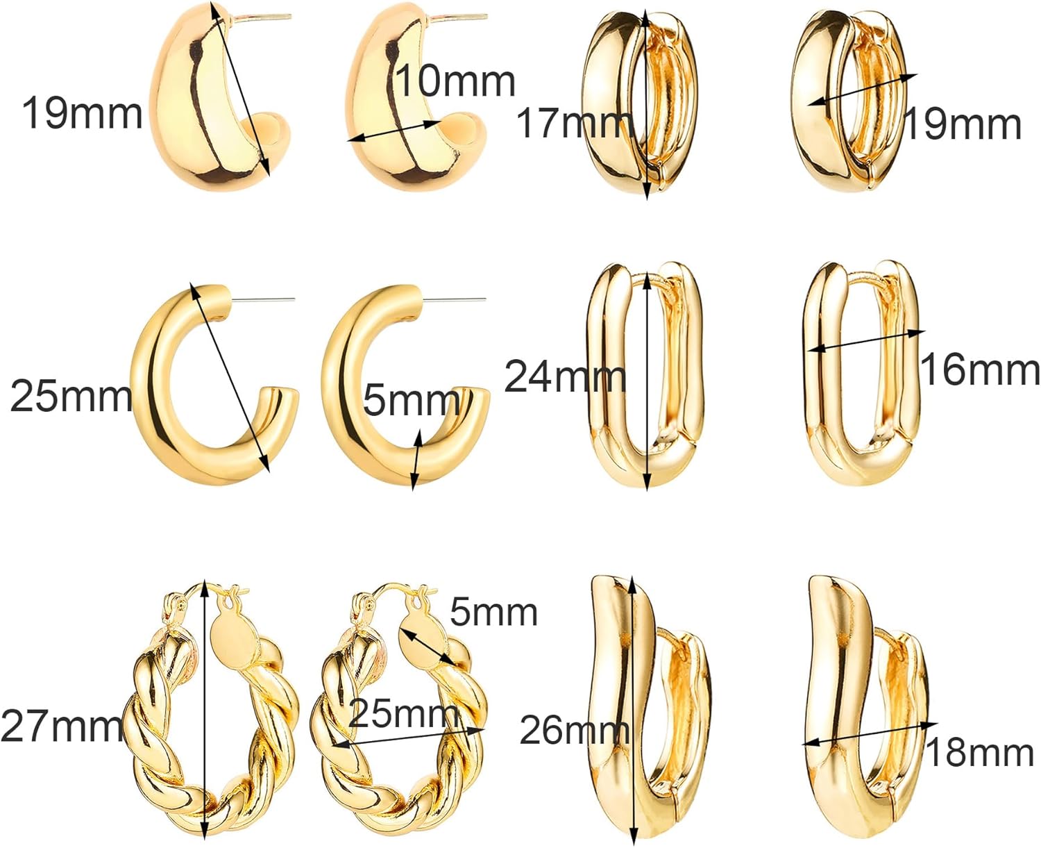 6 Pairs Gold Hoop Earrings for Women, 14K Gold Plated Huggie Hoop Earrings Set Hypoallergenic Lightweight Chunky Open Hoops Jewelry for Gift - Image 6