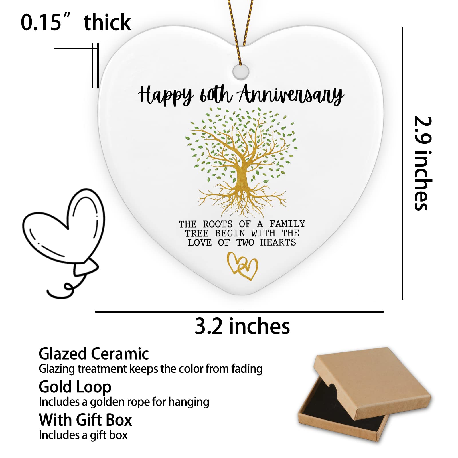 60th Anniversary Marriage Gifts for Couple Happy 60th Anniversary Ornament Keepsake Sign Heart Plaque Anniversary Romantic Couple Wedding Engagement Gifts for Her Him Wife Husband