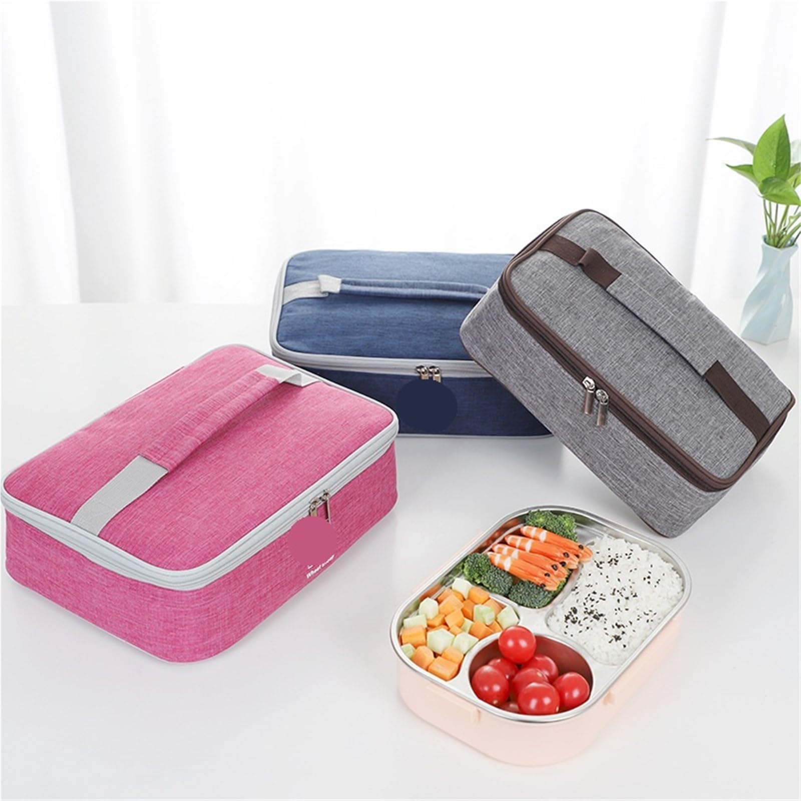 Borsa termica for alimenti Bento da picnic rettangolare in tessuto Oxford, 4 pezzi, portatile, di grande capacità, con isolamento termico ，Borsa da campeggio(Blue 35 * 25 * 10cm)