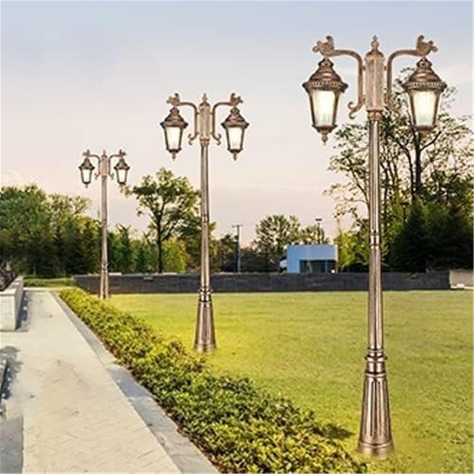 Lampadaire Solaire D'Extérieur, 210 Cm (82,67 Pouces), Borne Lumineuse De Jardin en Aluminium avec Lanterne en Verre Et 2 Têtes.,Bronze-180CM(70.86in)