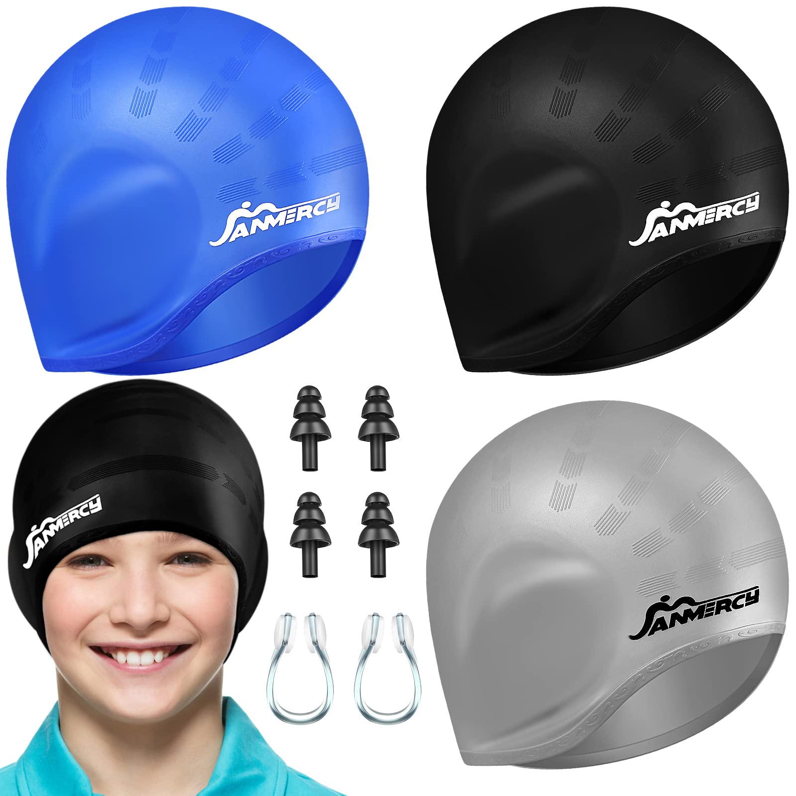 Janmercy 3 Pcs Swim Caps for Boys Girls Silicone Swimming Hat with 3D Ear Pockets for Age 6-15 Bath Hats Short/Long Hair with Ear Plug Nose Clip