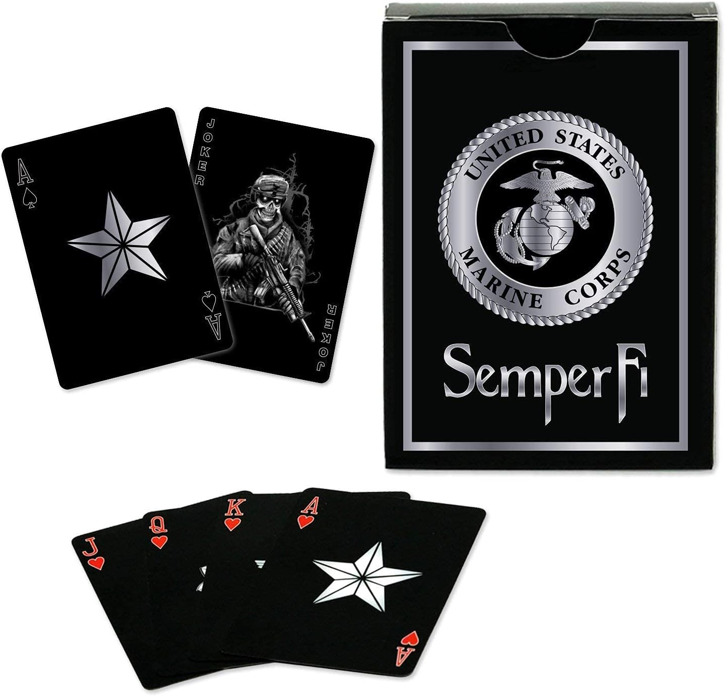 Military Gift Shop Marine Corps Playing Cards and Dice Set – Black Leather Keepsake Box, Playing Cards with USMC Rank Insignia, EGA Dice | USMC B&S Card Set
