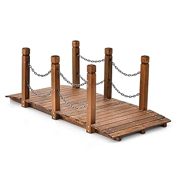 COSTWAY Houten Tuinbrug Met Leuning - Sierbrug Voor Vijver Of Beek | 151x67x55 Cm | Draagt Tot 120 Kg