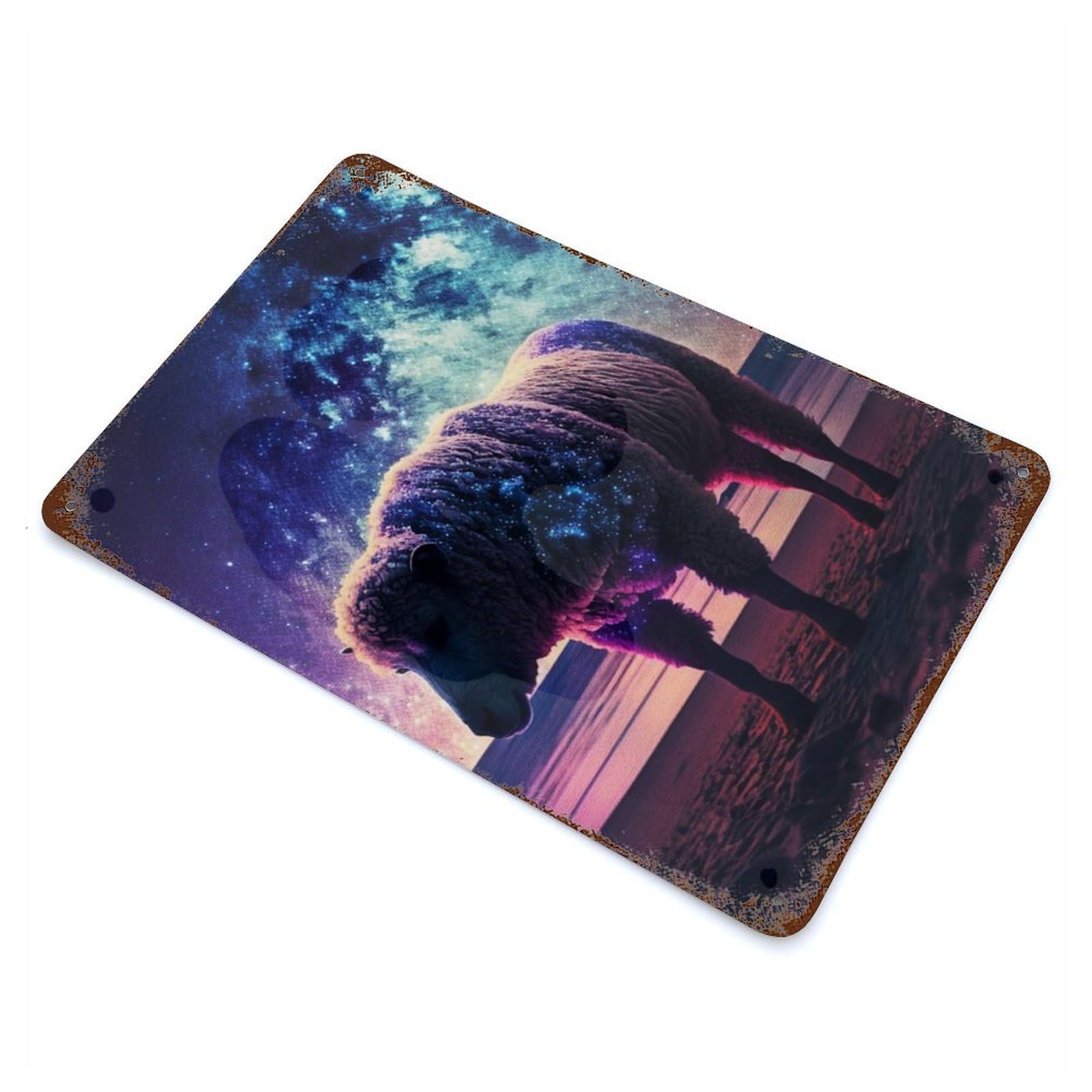 Space Sheep Rust Effect Tin Sign 11.8"x7.9", Ideal for Cafe, Home Bar And Lounge Decor