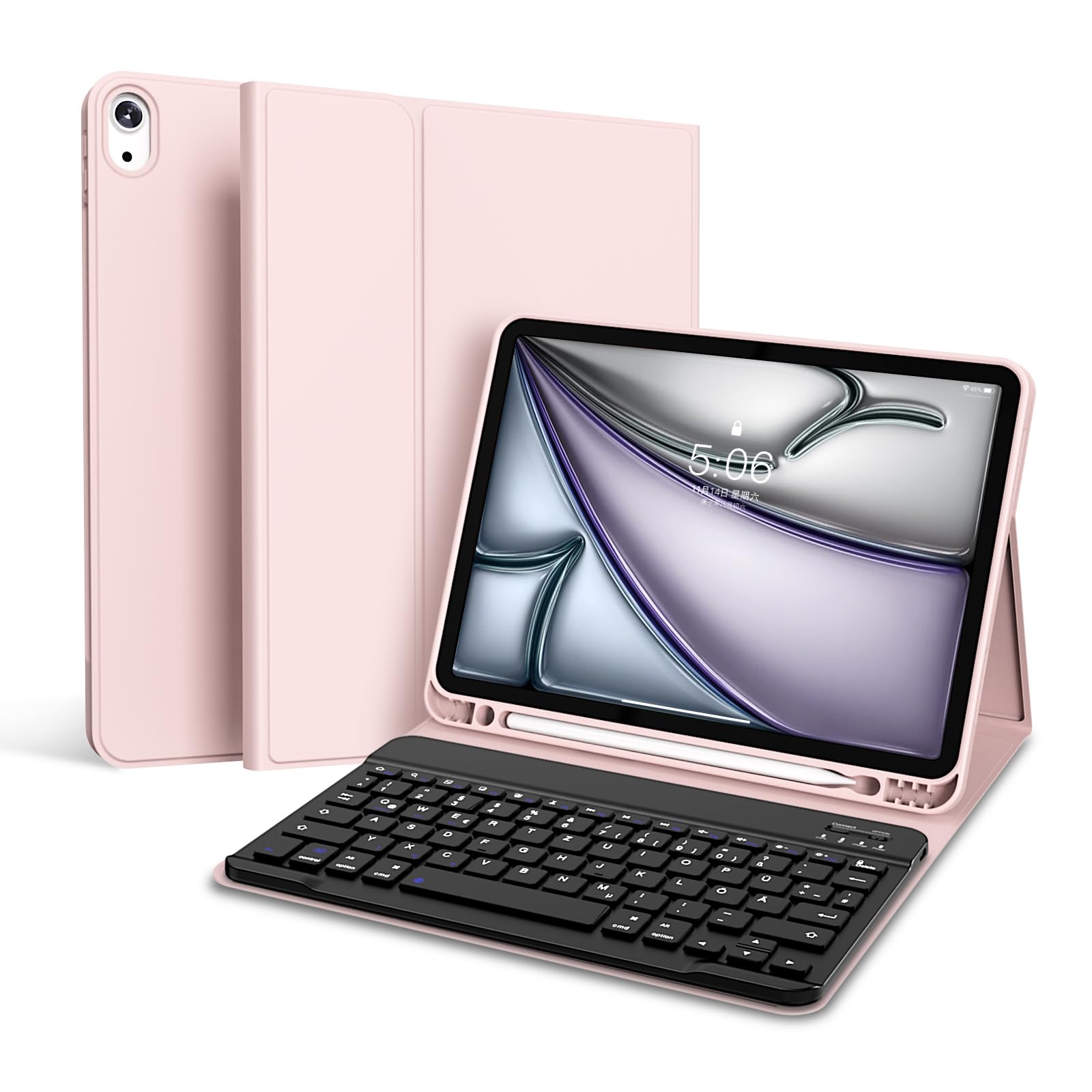 Etui z klawiaturą do iPad Air 11" 2024/2025 (M2/M3), do iPad Air 5./4. generacji 2022/2020 10,9", z miękkiej TPU z uchwytem na rysik, odpinanym klawiaturą Bluetooth QWERTZ, różowe