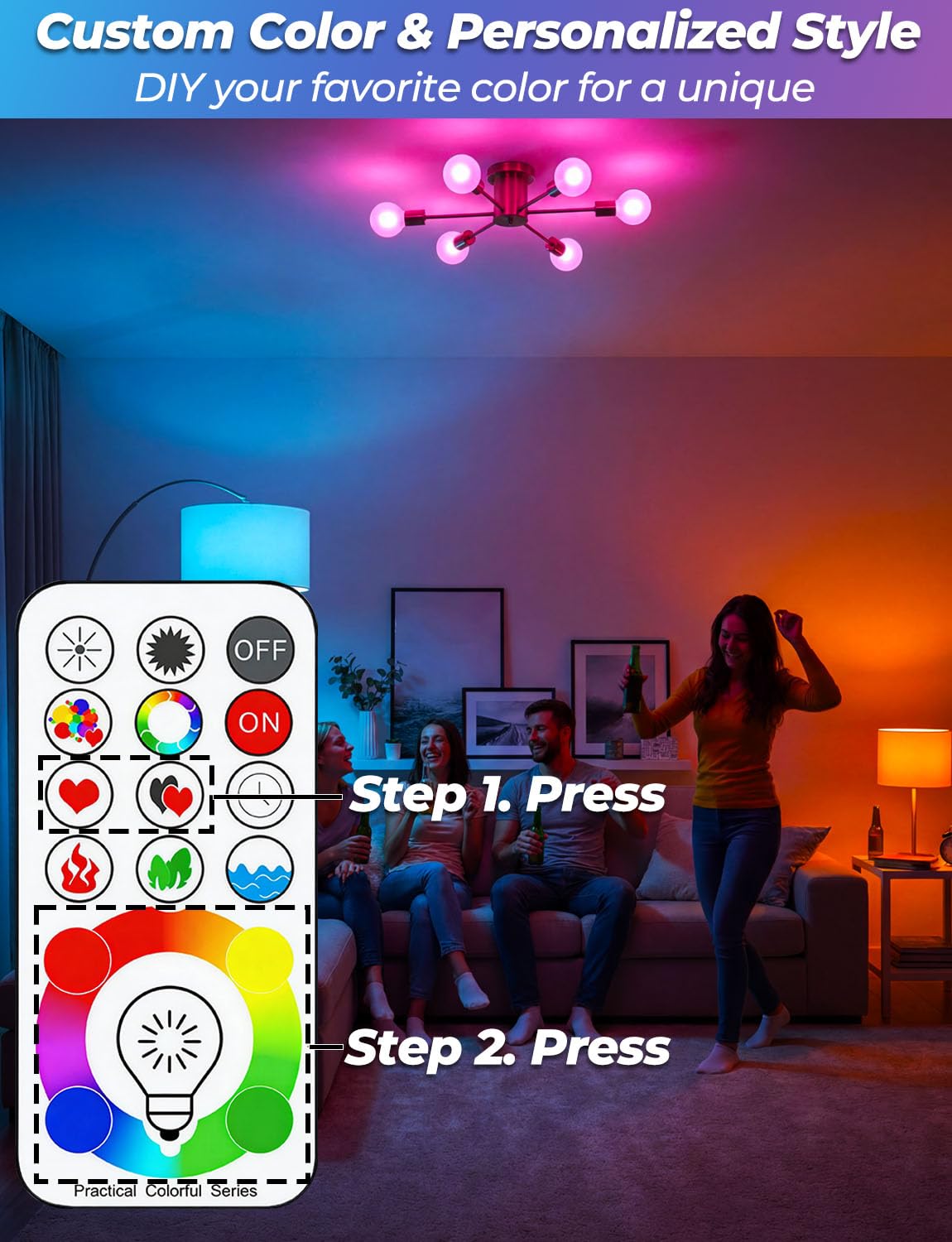 iLC LED Ampoules de couleur Edison Changement de Couleur Ampoule RGB+Blanc Dimmable - 120 Choix de Couleur - 10Watt E26 Types RGBW LED Ampoules - 2 Modes Dynamiques - Télécommande Compris (Lot de 2)