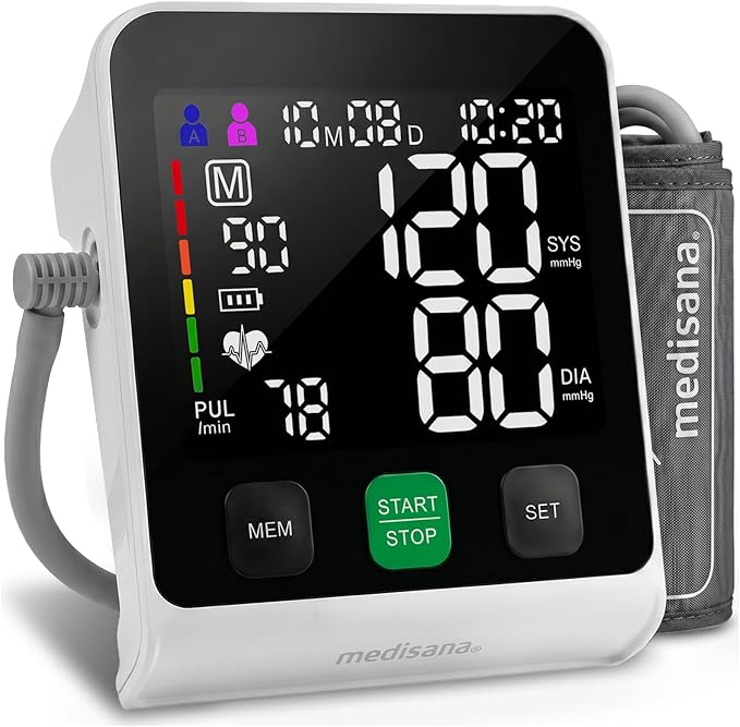 Medisana Blood Pressure Monitor for Home Use, Accurate Automatic Digital BP Monitor, 5'' LED Backlit Display with BP Machine Cuff 8.7''–16.5'', 2x199 Memory