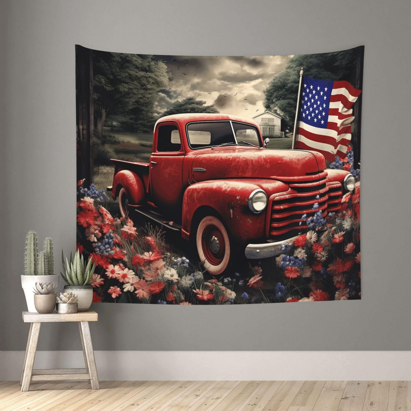 4th Of July Patriotic Old Red Truck Tapestry for Bedroom Aesthetic, Wall Hanging Tapestries Art Decor Backdrop Wall Tapestry for Dorm Living Room Funny Poster Party Banner Background 51" X 60"