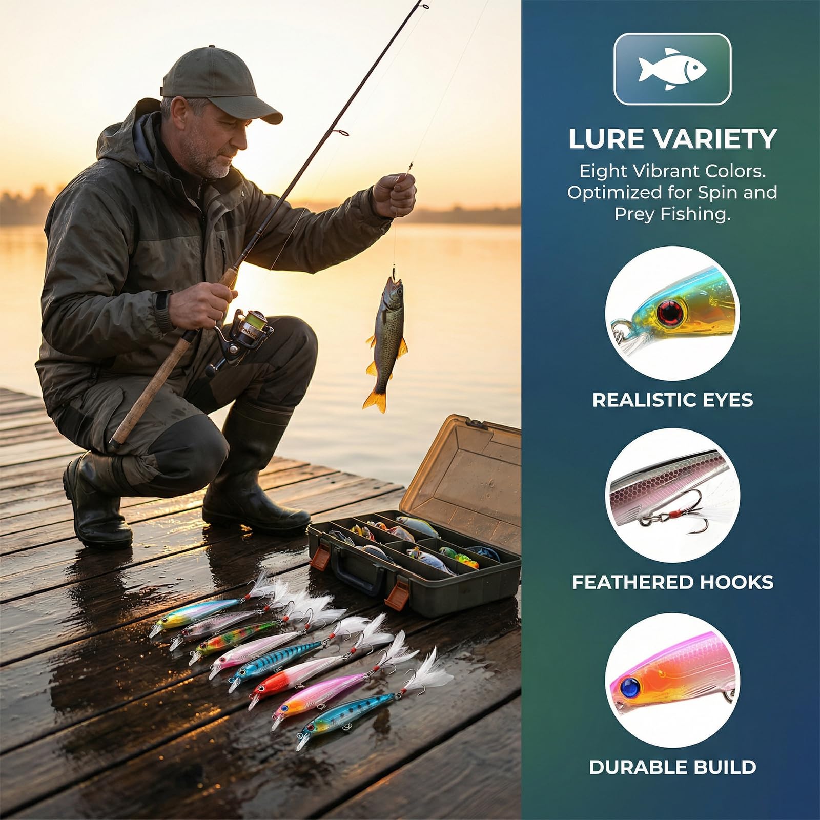 Kit de Señuelos de Pesca con Caja – 8 Piezas Señuelos Spinning Artificiales 3D Realistas para Trucha, Lubina, Perca y Black Bass – Accesorios para Pesca en Agua Dulce y Salada — view 4