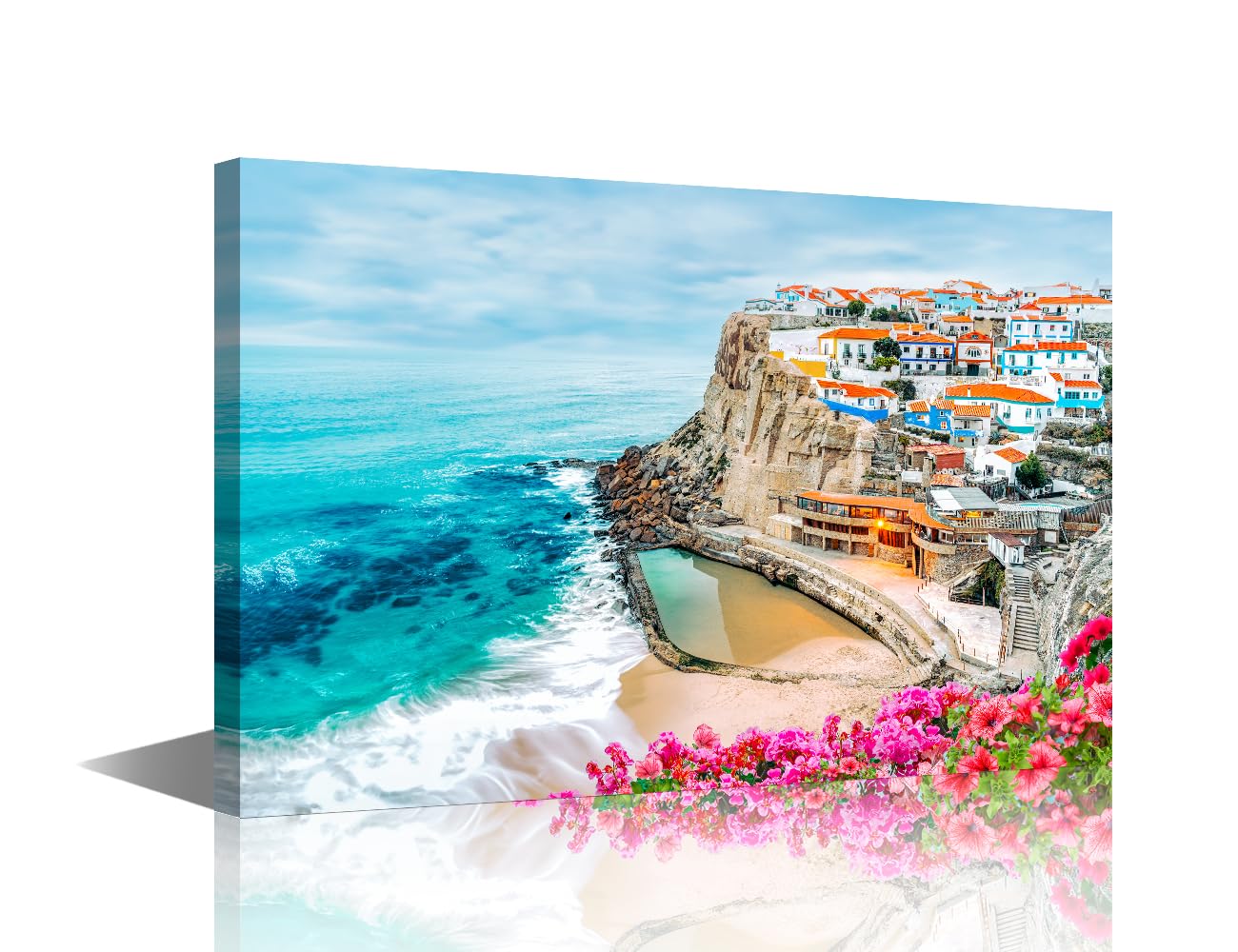 TISHIRON Wall Art for Living Room Large Colorful Houses of Fishermen Painting Framed Beach and Fishing Village Artwork Canvas Print for Living Room Bedroom Home Decorations Wall Decor 24" Wx36 H