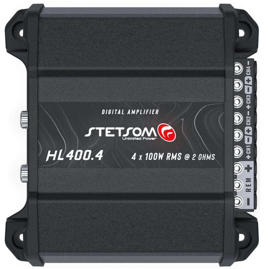 Stetsom HL 400x4 2 Ohms - Amplificatore digitale compatto a 4 canali, 400W RMS 400x4, full range, ingresso alto, guadagno di bassi + 14db (regolazione variabile 30-75hz), multicanale, suono digitale