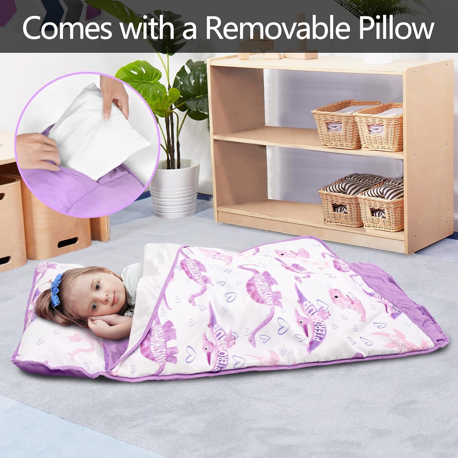 Primlect Lightweight Toddler Nap Mat, Portable Rolled Design Perfect for Daycare Travel, 51”x31 All-in-One Sleeping Bag with Removable Pillow and Fleece Blanket for Boys Girls, Machine Washable