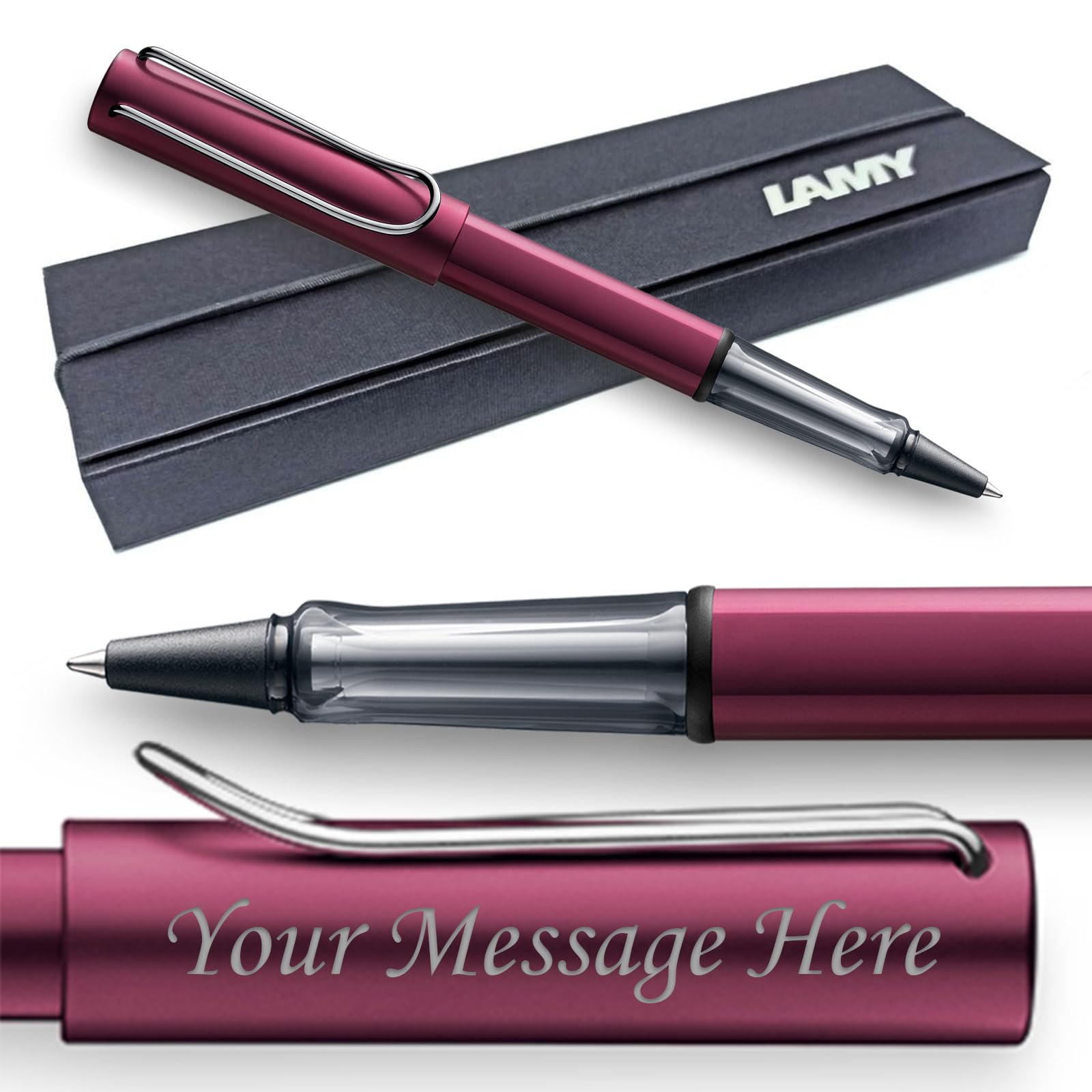 Lamy AL-star black purple - Engraved Rollerball Pen pen with transparent, ergonomic grip & line width M - lightweight aluminium body - including rollerball refill M63 - Gift Boxed (Black-Purple)