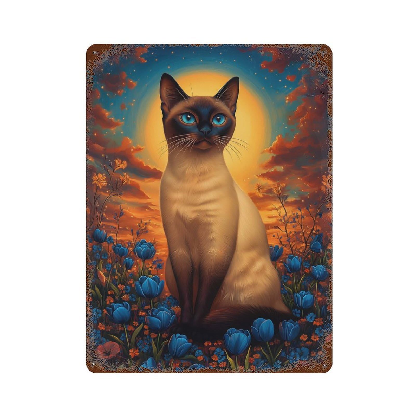 Rust Effect Siamese Cat in A Field of Flowers Weathered Tin Sign 15.7"x11.8", Shabby Chic Decor for Cafe, Home Bar And Lounge Decor