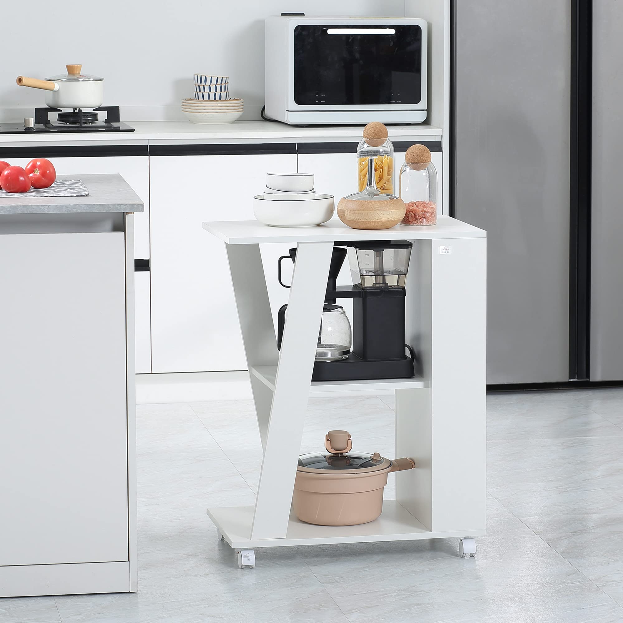 HOMCOM Carrello da Cucina in Legno con 2 Ripiani Aperti, Carrello Portavivande con Ruote Bloccabili, 60x38x77cm, Bianco
