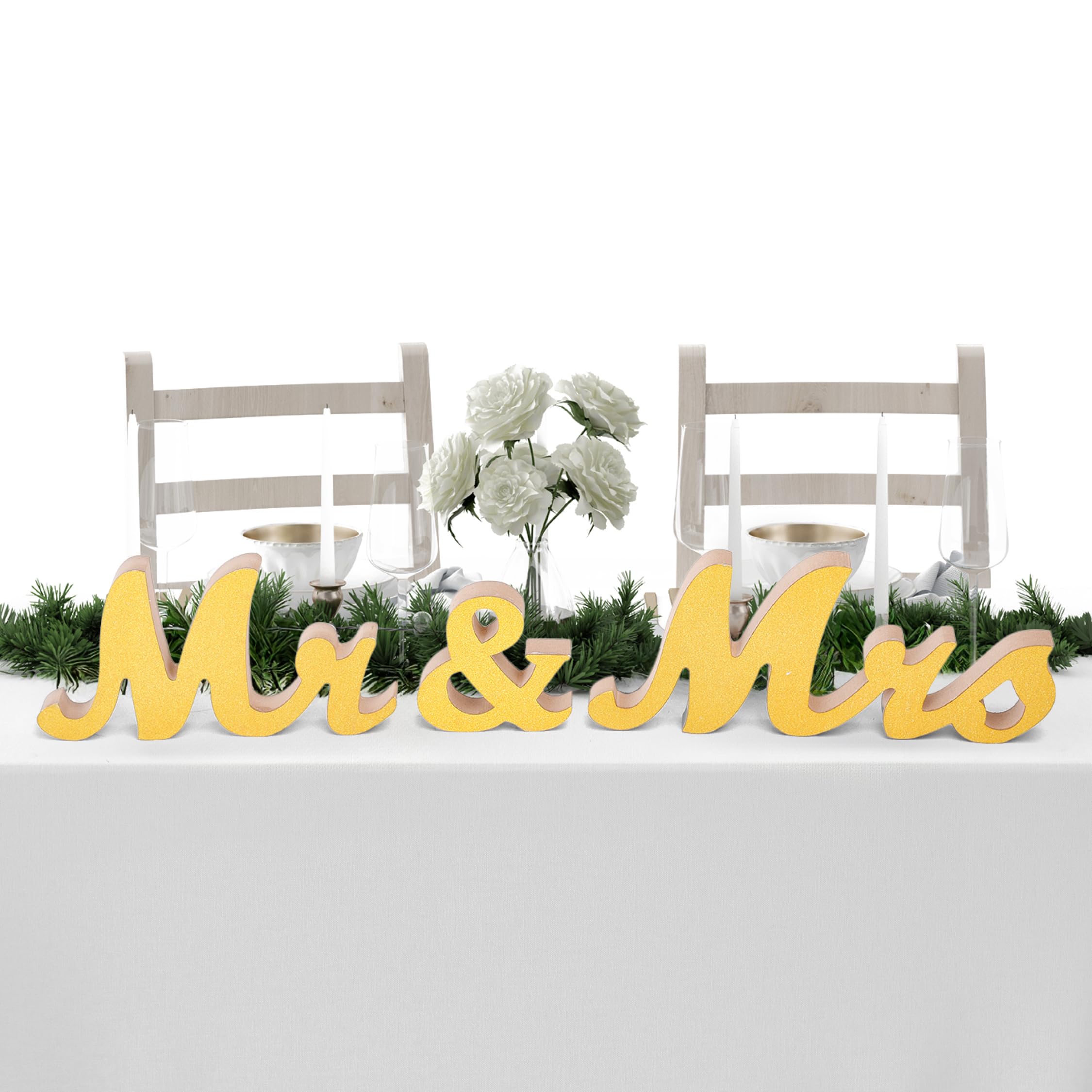 MEANT2BE Mr and Mrs Sign for Wedding - Rustic Wooden Decor Mr & Mrs Wedding Signs, Cake Table, Guest Book Table, and Reception, Elegant Mr and Mrs Wedding Signs - Gold Glitter