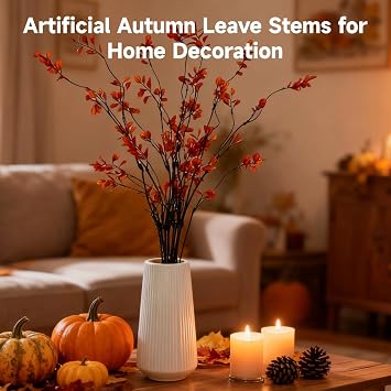 8 PCS Fall Stems Artificial Ficus Branches, 38 in Faux Yellow Leave Eucalyptus Stems, Bendable Fall Branches for Vase, Table Centerpiece, Harvest Party Decor, Autumn Floral Decoration
