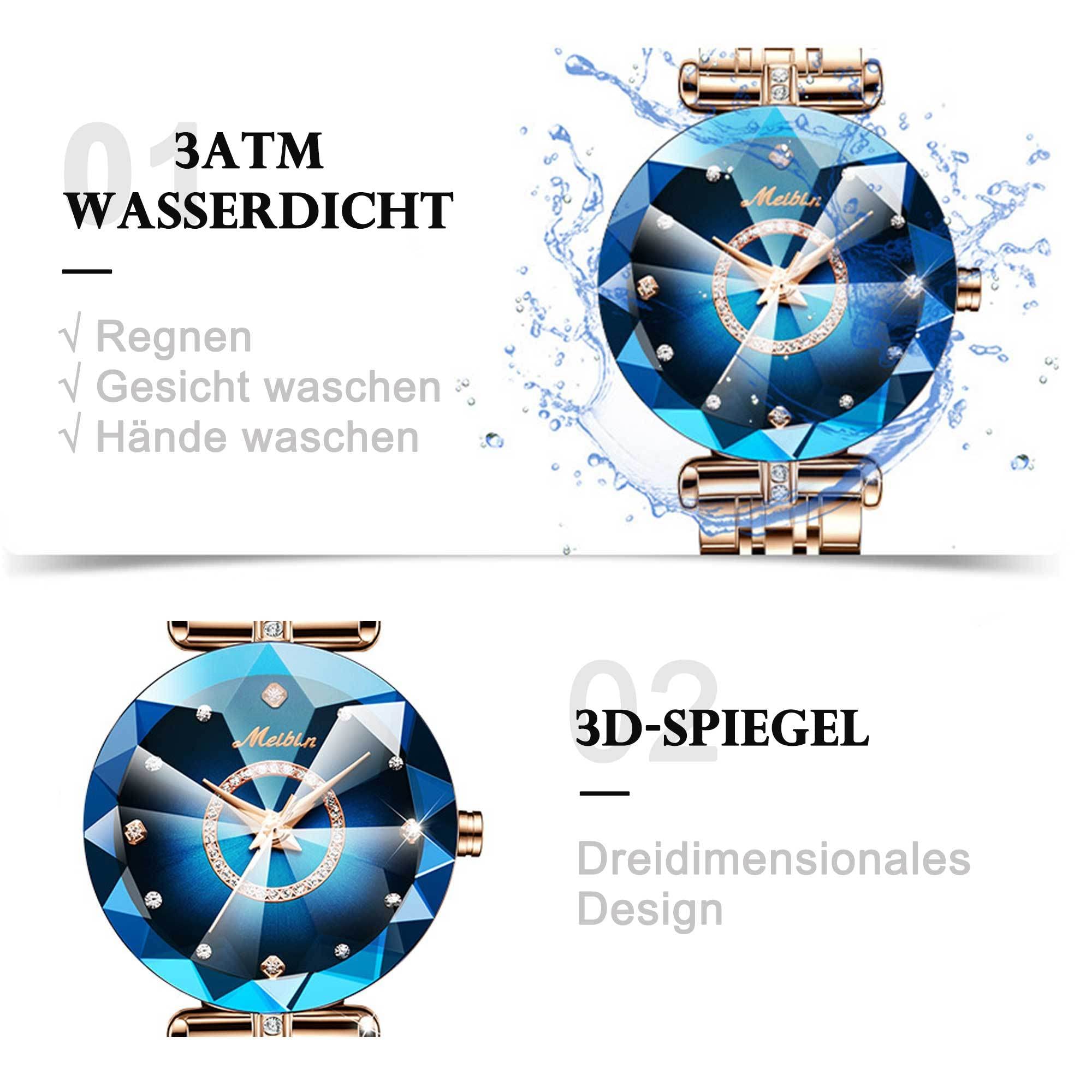 findtime Uhr Damen Analog Quarz Armbanduhren Gold Klassische Mode Damenuhr Edelstahlarmband Blaues Zifferblatt Blume 3ATM Wasserdicht Elegant Armreif Frauen Diamant Designer