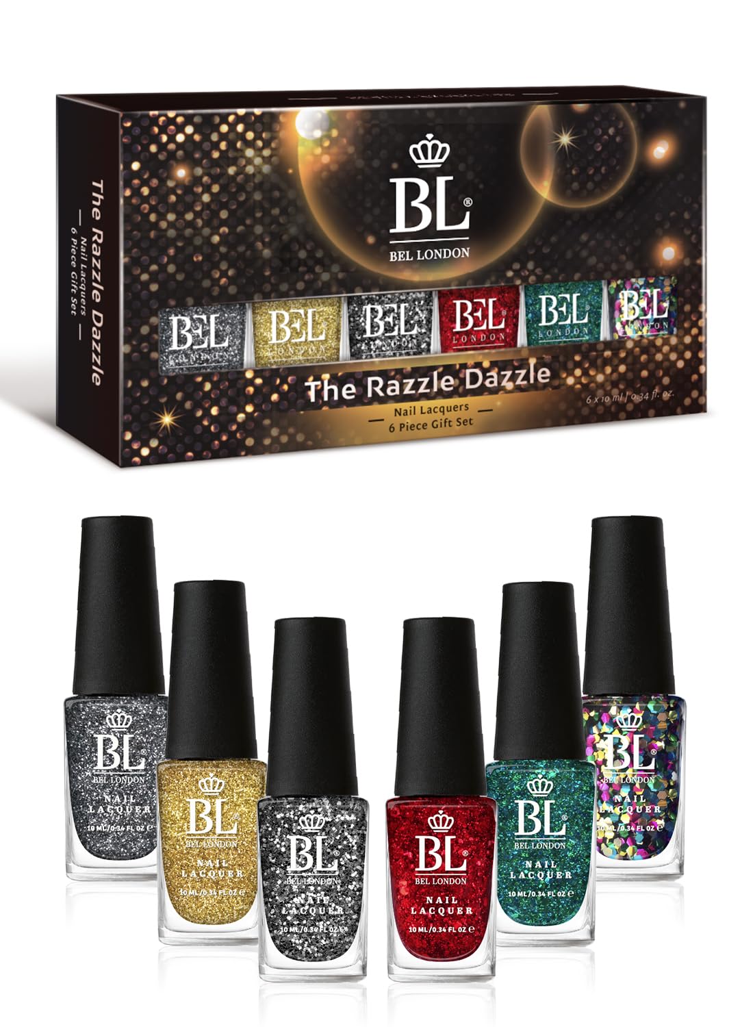 BEL London Razzle Dazzle Luxury 6-Color Glitter Nail Varnish Set for Women – Fast-Drying, Long-Lasting Glitter Nail Polish Gift Set, Pack of 6