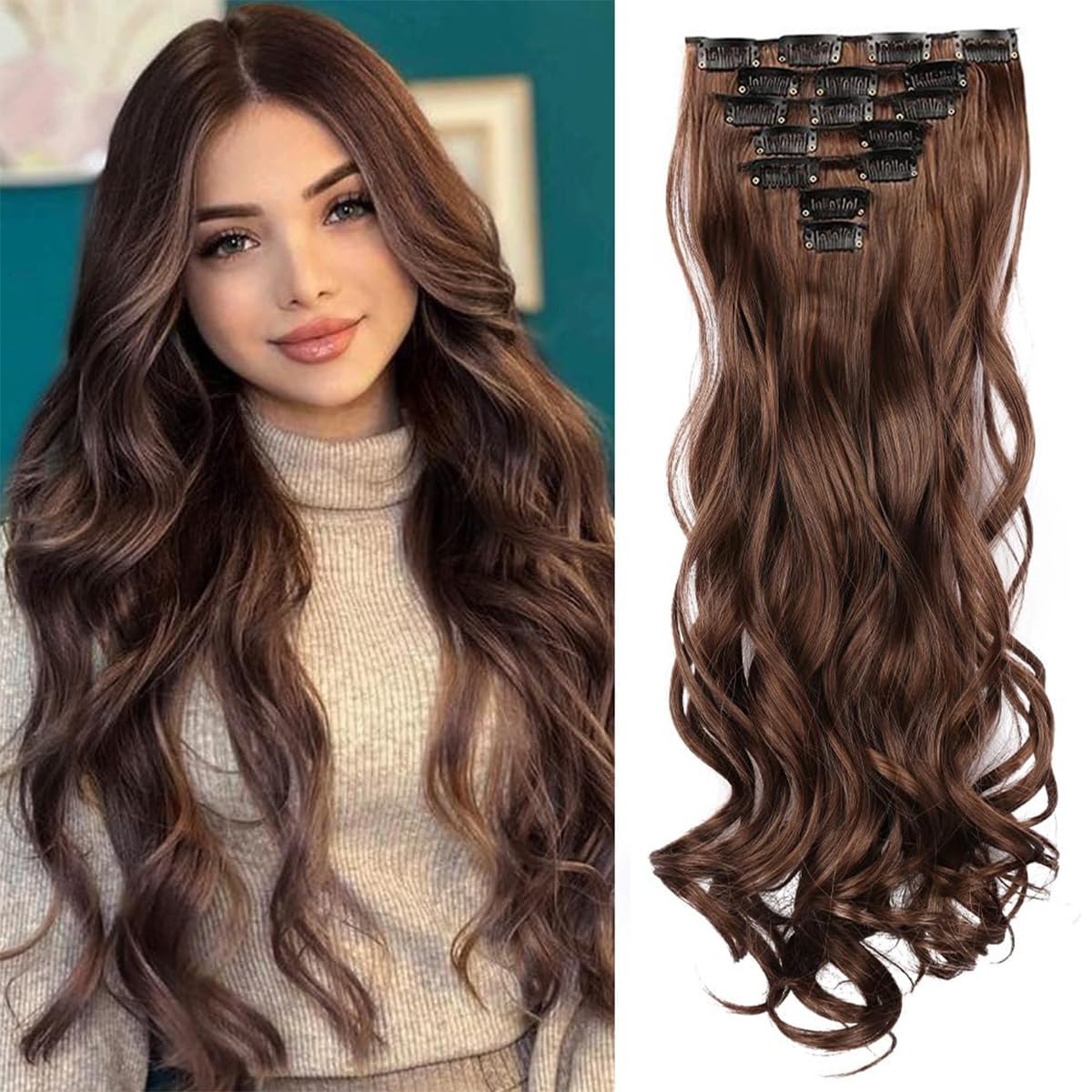 4 Pcs Clip in Hair Extensions Synthetic Dark Brown Wavy 22 Inch Women Amazon.com : 4Pcs Clip in Hair Extensions, Long Wavy  main image 3