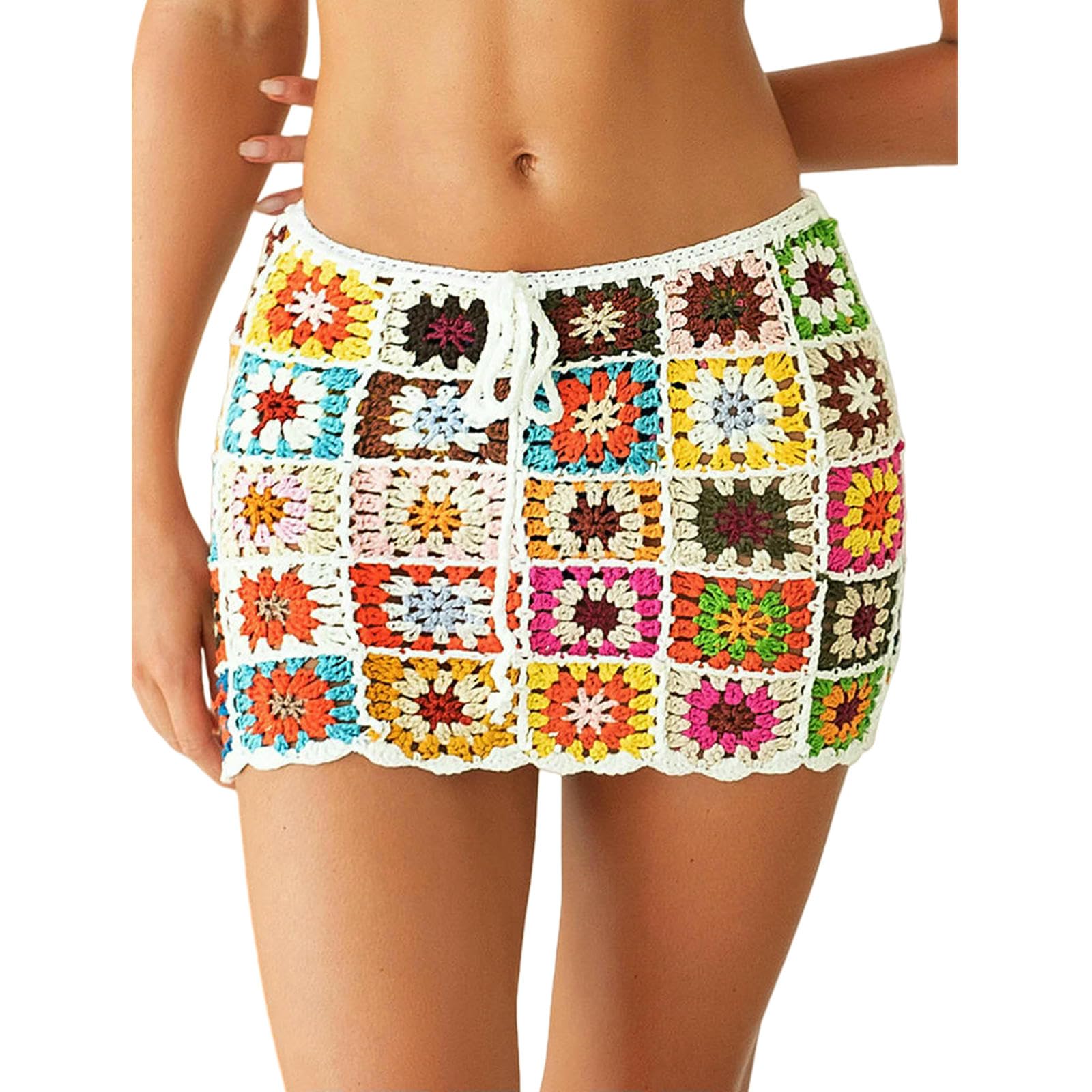 Gonna Lunga Minigonna Copricostume Floreale all'Uncinetto da Donna Scava Fuori Il Costume Bagno Copricostumi Vacanza Spiaggia Gonne Corte Bagno-Bianco-m
