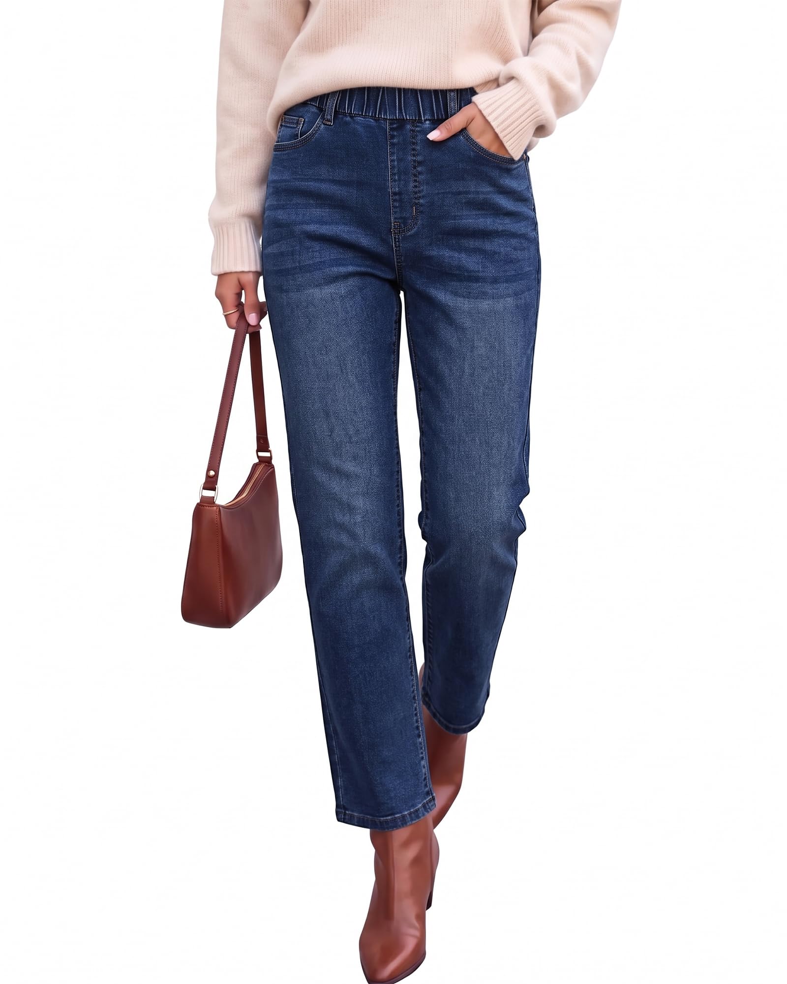 Straight Leg Jeans for Women Trendy Pull On High Waisted Cropped Elastic Waist Stretchy Denim Pants Ankle Jeans