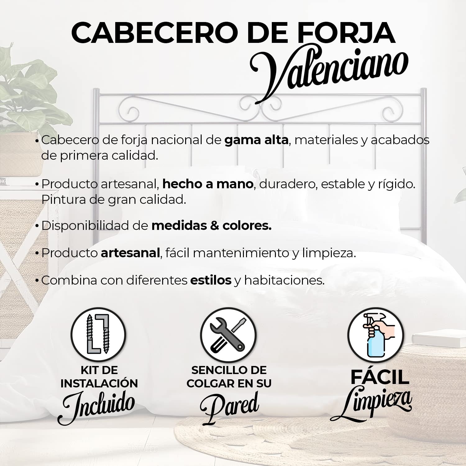 El Herrero Cabecero de Forja Valenciano | Cabezal para Cama de Matrimonio e Individual | Producto Artesanal Hecho en España Cama de 90 (97cm), Black